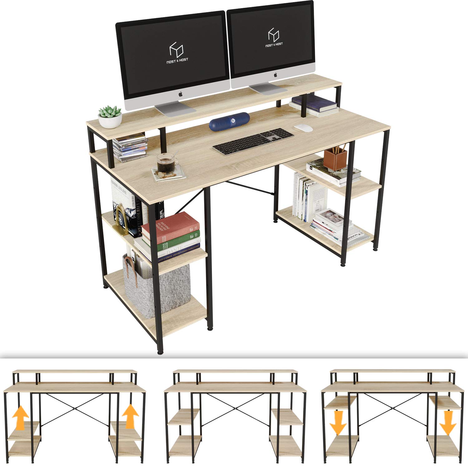 Nost & Host 55 Inch Dual Monitor Desk, Computer Desk with Monitor Shelf and Storage Shelves, 2