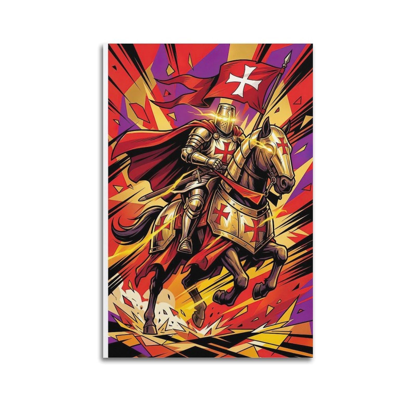 OKNGB Mounted Horse Templar Knight Poster Charge Medieval Armor Decorative Painting Canvas Art Picture 24x36inch(60x90cm)