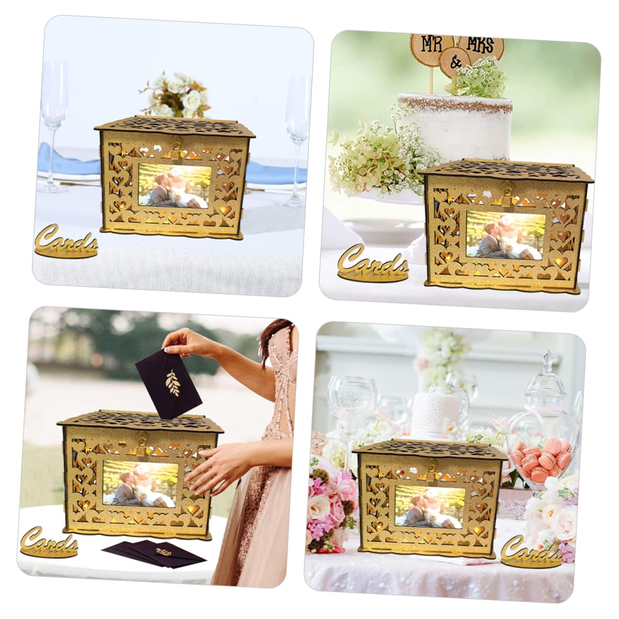 Scatola per Biglietti di Nozze in Legno Design Traforato Contenitore per Biglietti Portatile Scatola Regalo Quadrata di Auguri e Ricordi