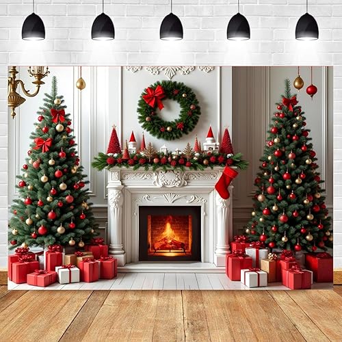 Miniatura 2 de CapiSco Telón de fondo de chimenea de Navidad de 7 x 5 pies, calcetines de árboles de Navidad, cajas de regalo, fondo de fotografía para Navidad,
