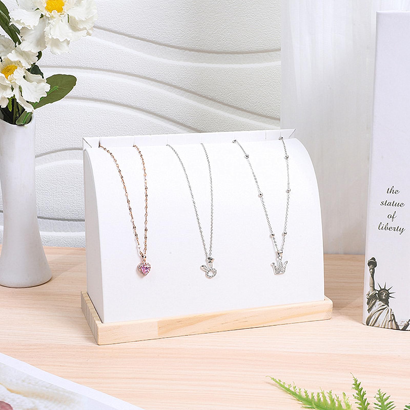 TANG SONG 6-Inch Cambered Necklace Display Stand – Leather Surface, Solid Wood Base, Jewelry Organizer For Home Or Store (White) - View #2