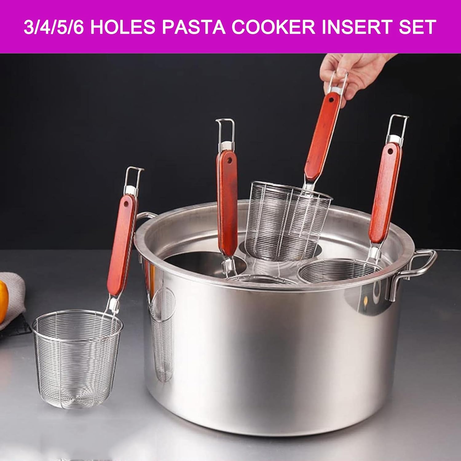 Stainless Steel Pasta Cooker Insert Set, Commercial Stock Pot Cookware with Pasta Pot and Insert Strainer Steamer Basket,6 Holes