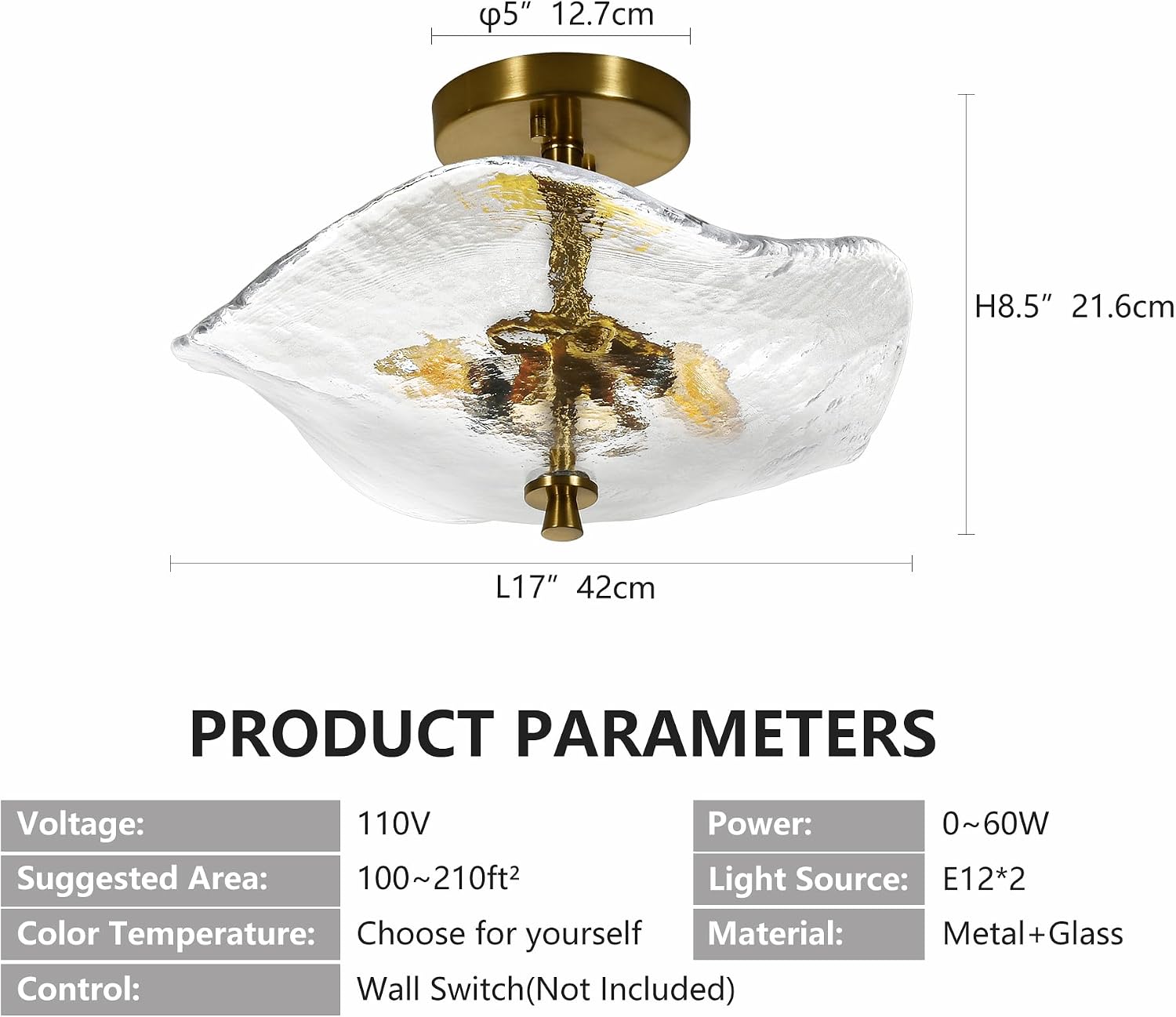 Semi Flush Mount Ceiling Light, 17" Modern Gold Glass Shade, 2-Light Close to Ceiling Fixture for Bedroom, Hallway, Kitchen, Dining Room
