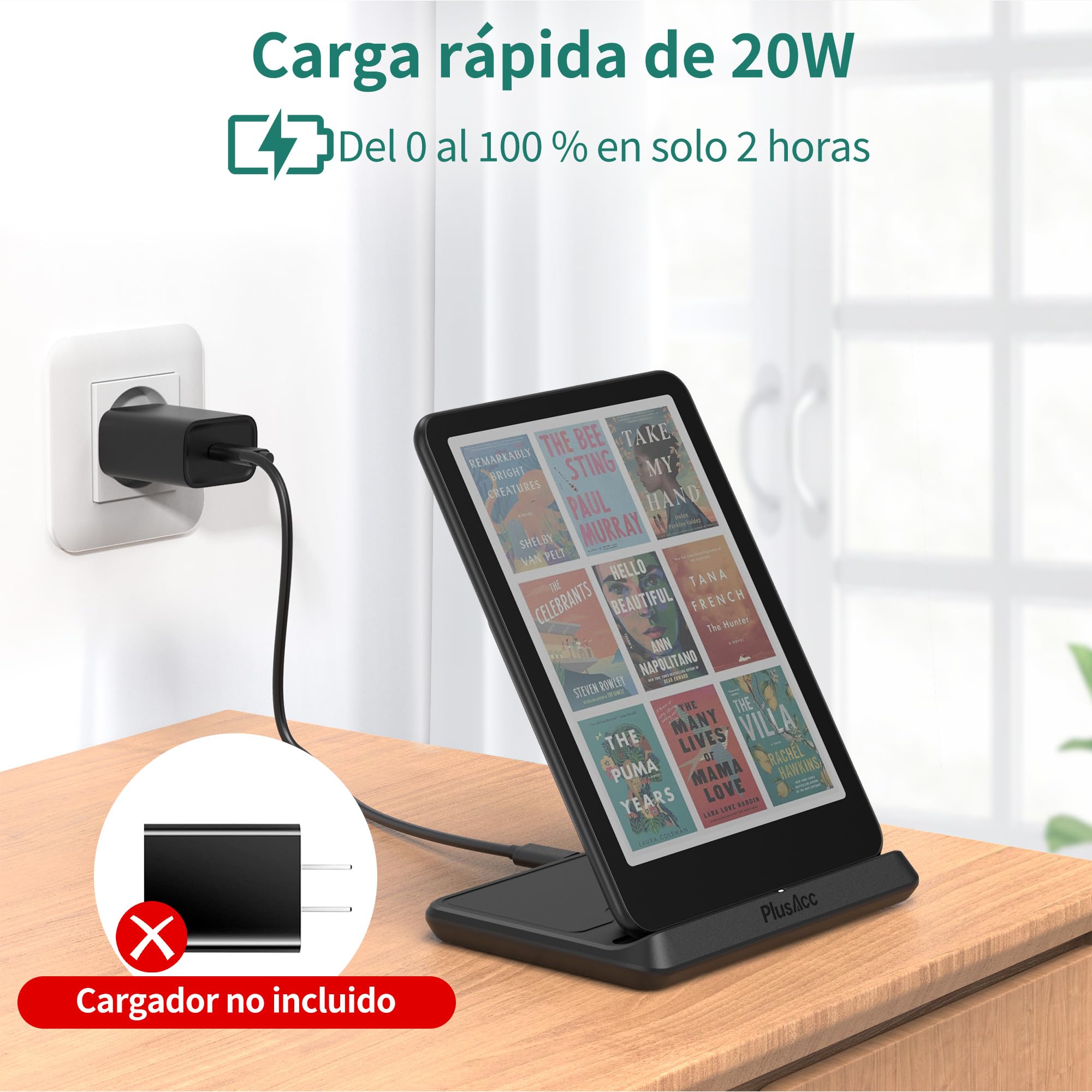 PlusAcc Estación de carga inalámbrica para Kindle Paperwhite Signature Editions (2022 y 2024) y Colorsoft Signature Edition y smartphones, soporte de carga plegable, compatible con iPhone 14 Pro Max
