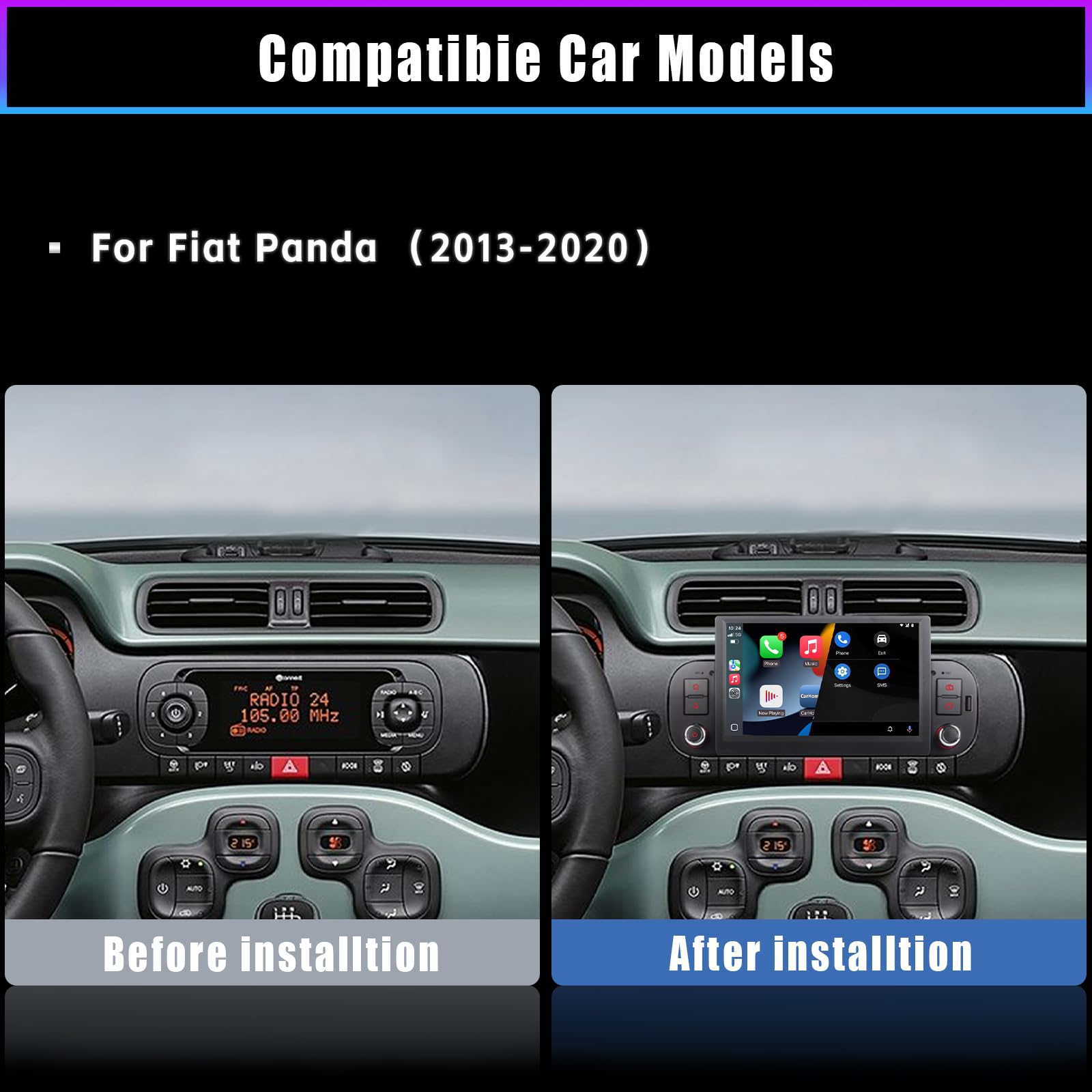 Autoradio per FIAT Panda 2013-2020 con schermo touchscreen USB Bluetooth FM/AM Linux Sistema doppio din stereo auto con Carplay wireless/Android Auto