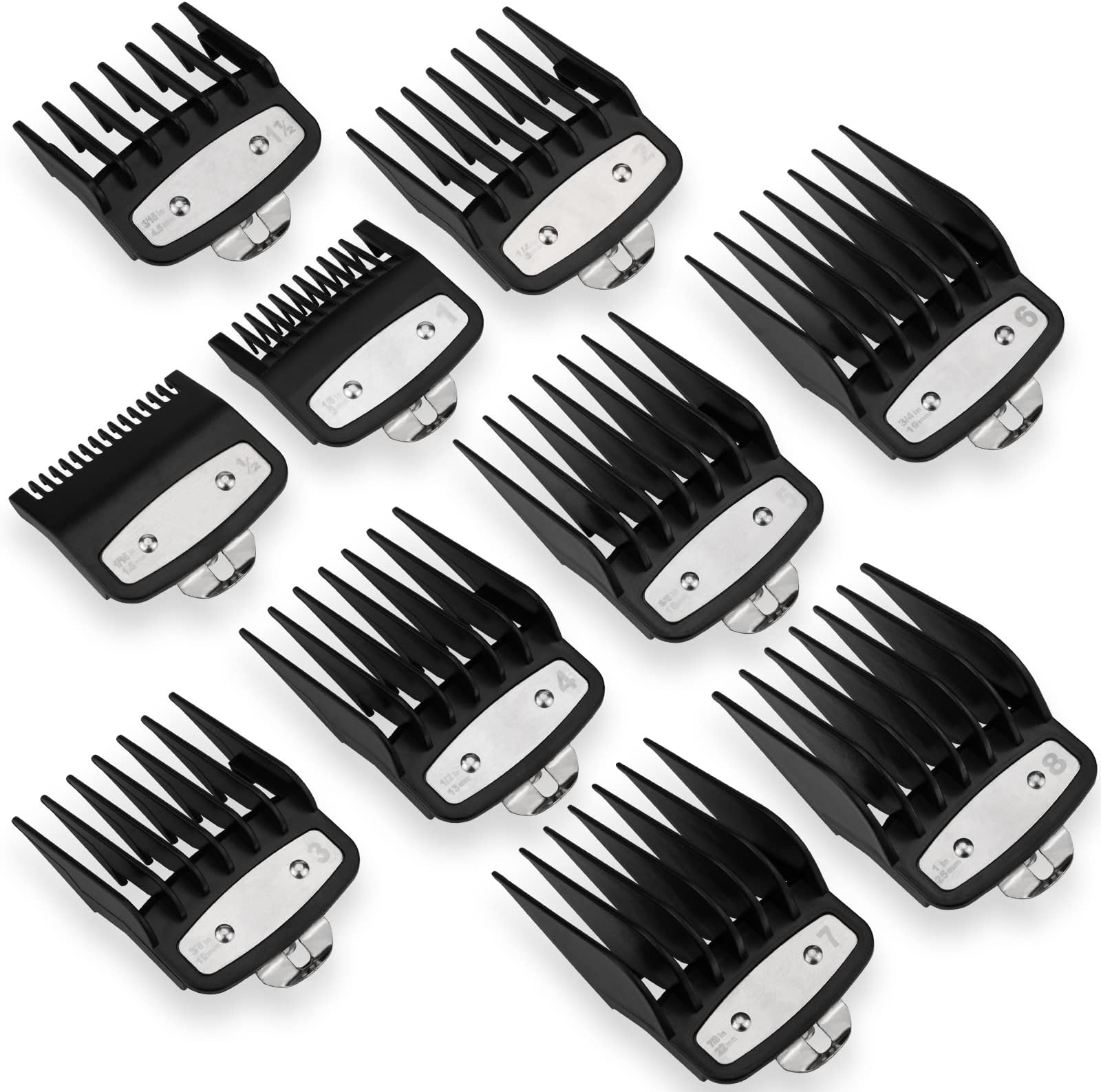 Clipper Guards for Wahl 10 Pcs, Cordless Clipper Cutting Guards for Wahl 0.5, 1, 1.5, 2, 3, 4, 5, 6, 7, 8 with Metal Clip from 1/16 Inch to 1 Inch (1.5-25mm) for Wahl Clippers All Size