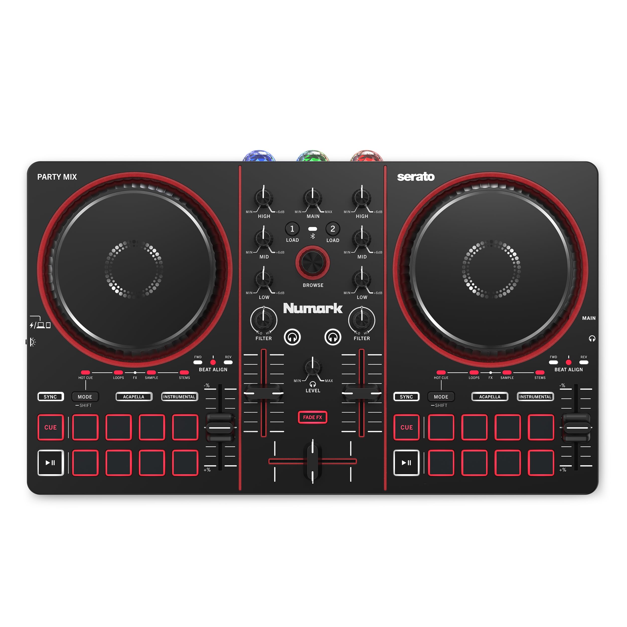 Numark Party Mix III Controller DJ Bluetooth con Luci Integrate | Beat Assist, Smart Fader, 16 pad, mixer DJ 2 deck, controllo Stems, USB-C, Serato DJ Lite e Algoriddim djay inclusi
