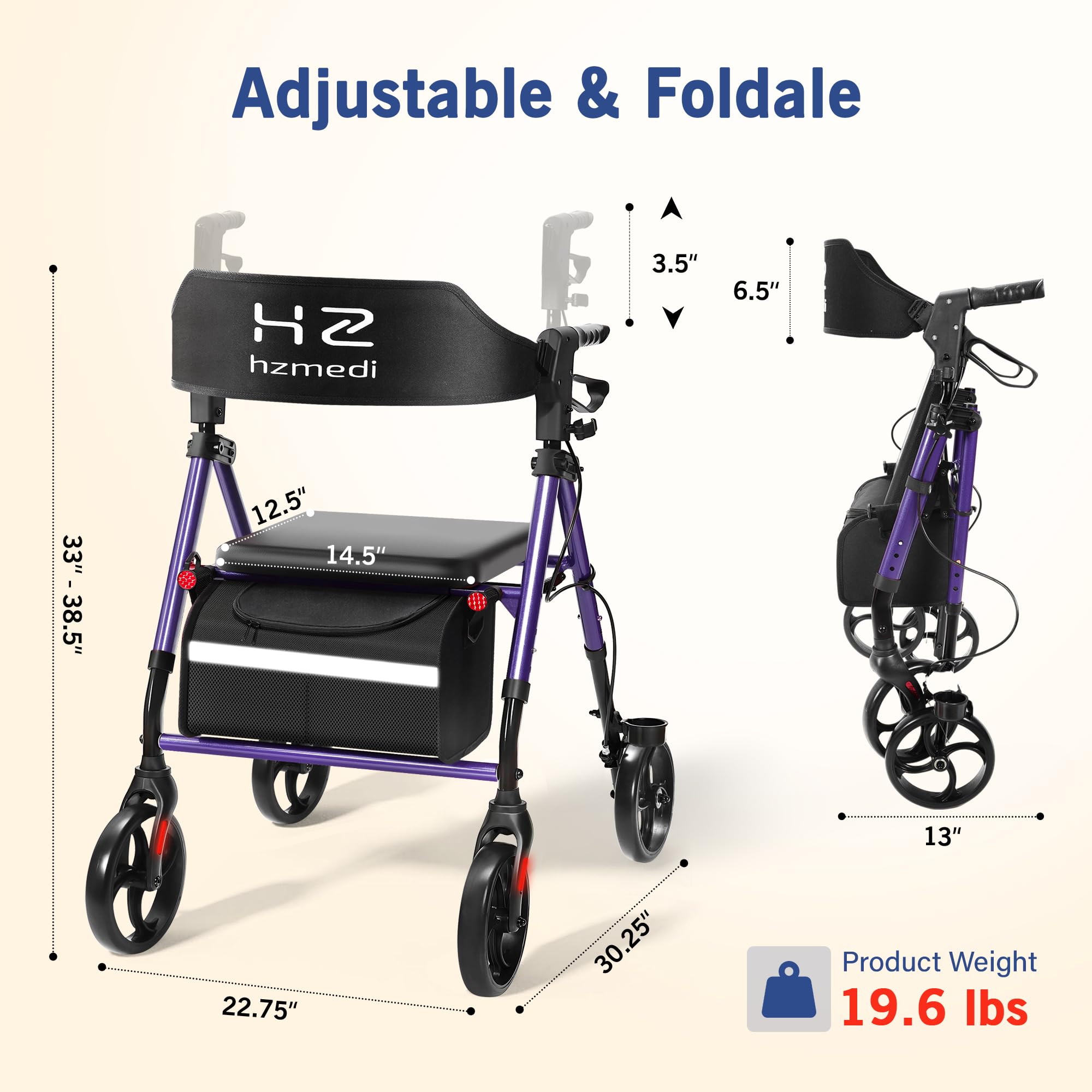 Senior Rollator składany rollator z kółkami, wytrzymałe aluminium, 20 cm, podwójne kółka z regulacją wysokości, do SUV-a
