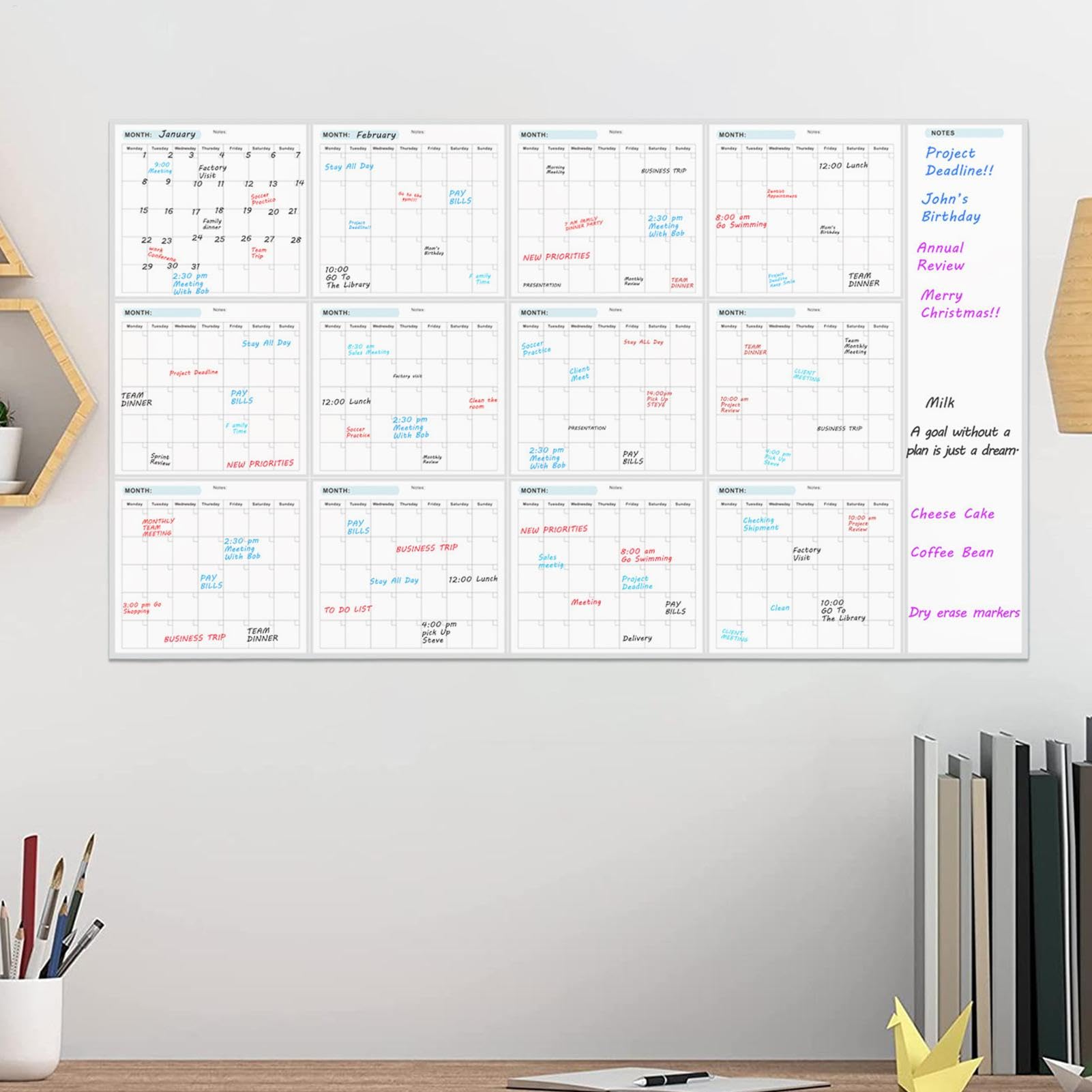 Planer ścienny, kalendarz ścienny, 12 miesięcy roczny dry-Erase duże składane powierzchnie do pisania, planery do wielokrotnego użytku w domu i szkole, 34 x 58