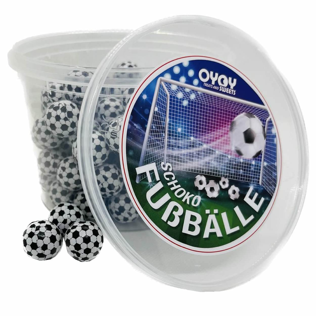 510g Schokofußbälle aus Milchschokolade in Oyoy Behälter I 85-95 Schokofußbälle I Fair Trade Kakao I plus OYOY Fussballsticker I Mottoparties, Weltmeisterschaft & Kindergeburtstage