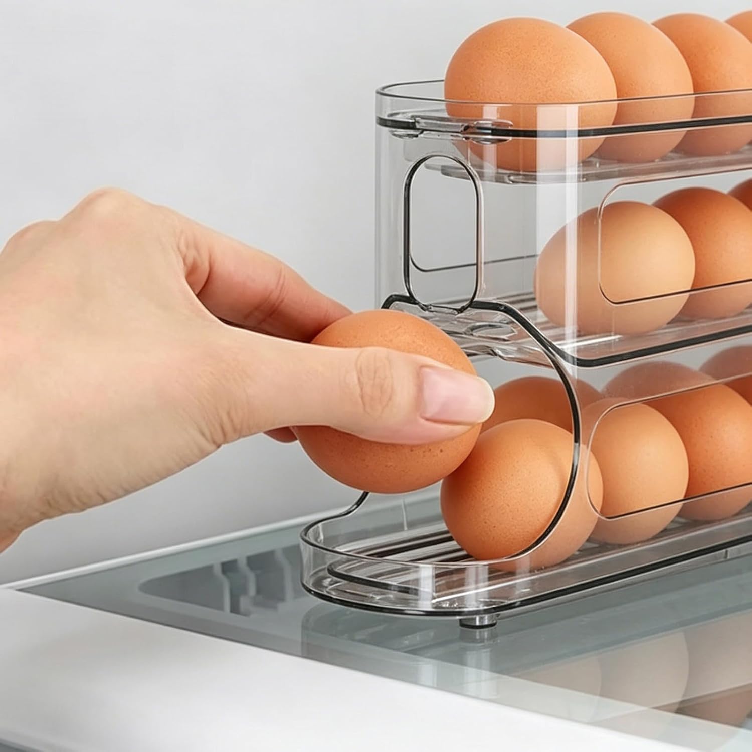 2 Pack Egg Holder for Fridge, 4 Tier Auto Rolling Egg Dispenser, Space Saving Egg Organizer Rack Holds 25–30 Eggs, Clear Gray Egg Storage Container for Refrigerator or Kitchen Countertop