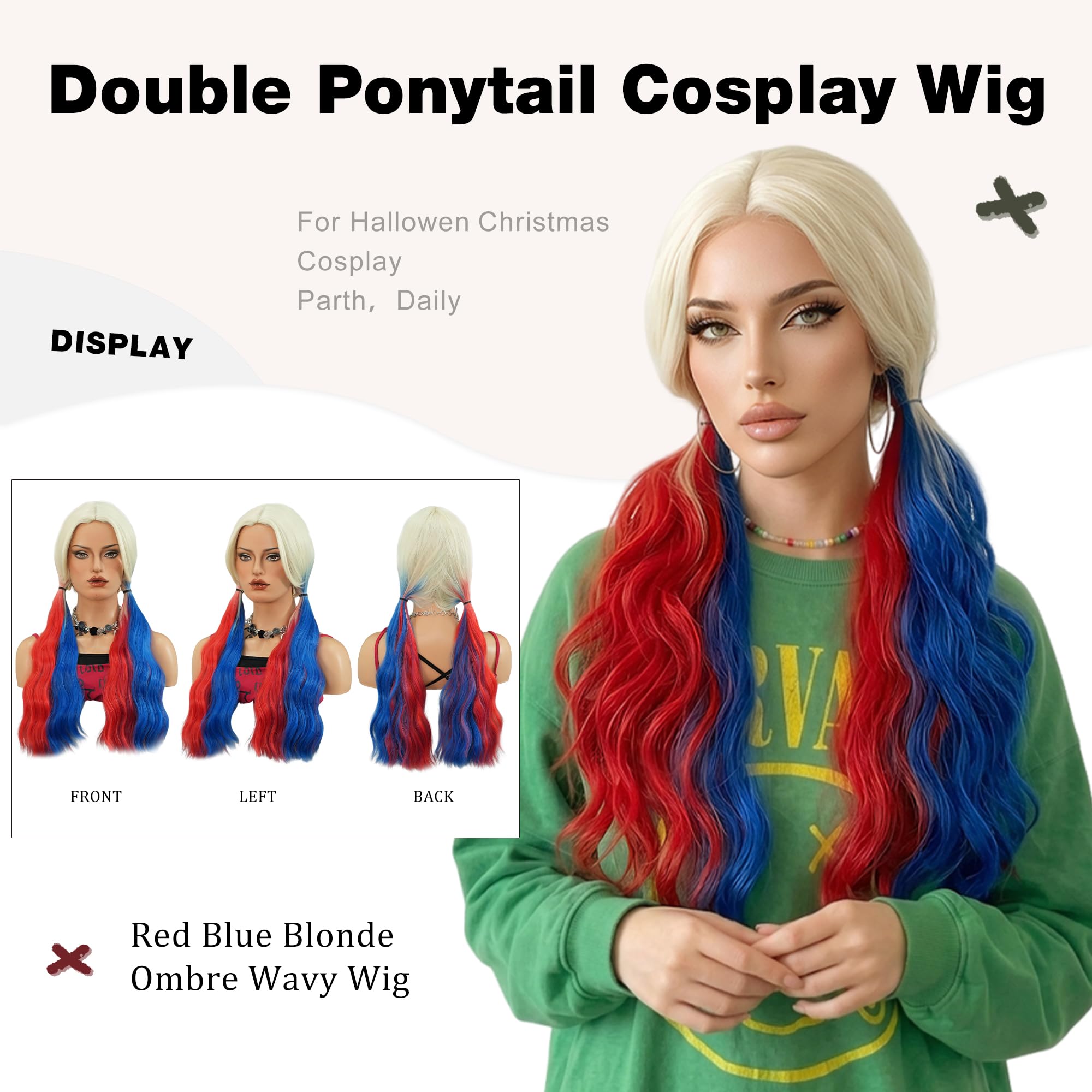 Amazon.co.jp: PARK YUN ロング 赤と青 ダブル ポニーテール コスプレ