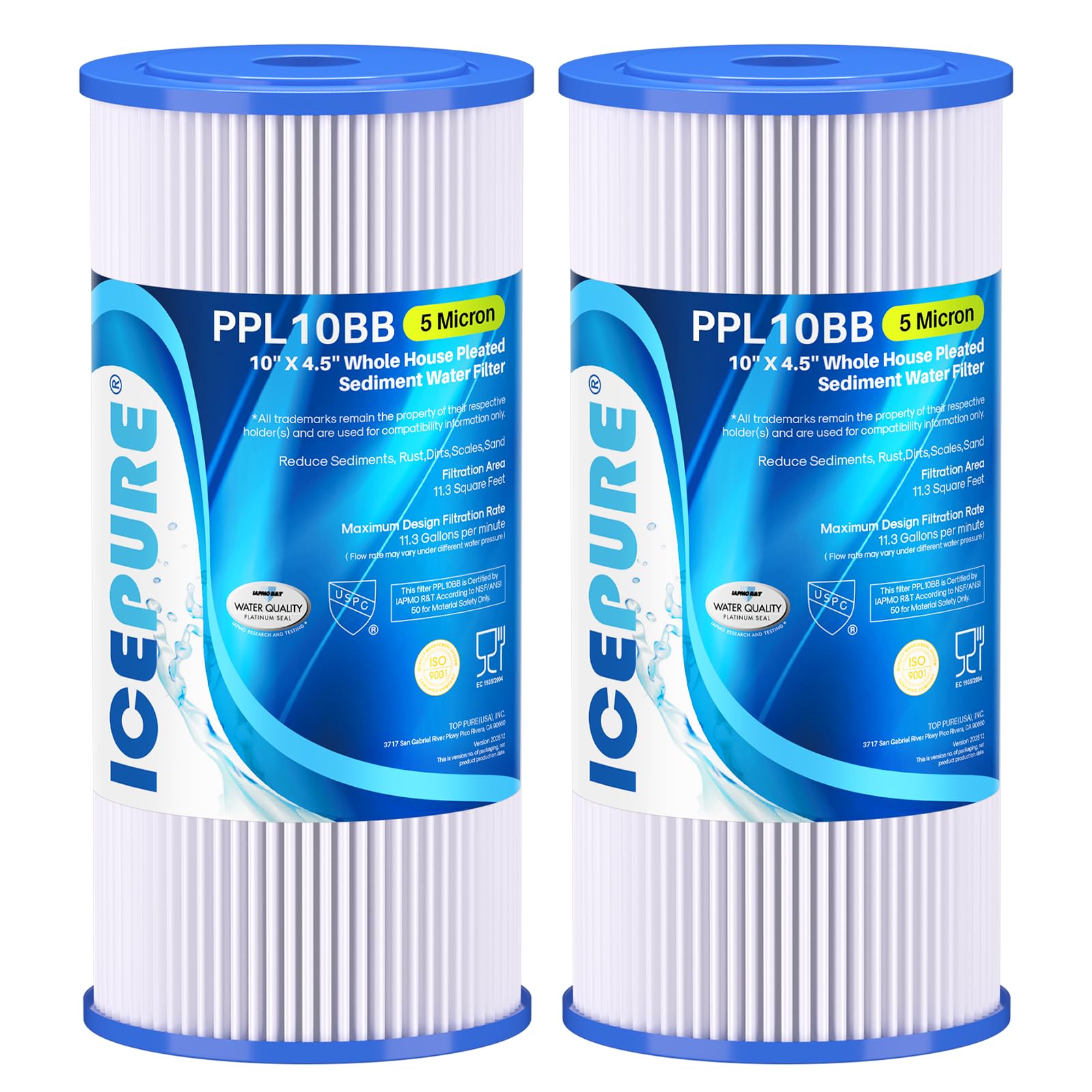 ICEPURE 5 Micron 10" x 4.5" Whole House Sediment Pleated Water Filter Replacement for GE FXHSC, Culligan R50-BBSA, Pentek R50-BB, DuPont WFHDC3001, W50PEHD, GXWH40L, GXWH35F for Well Water, 2PACK