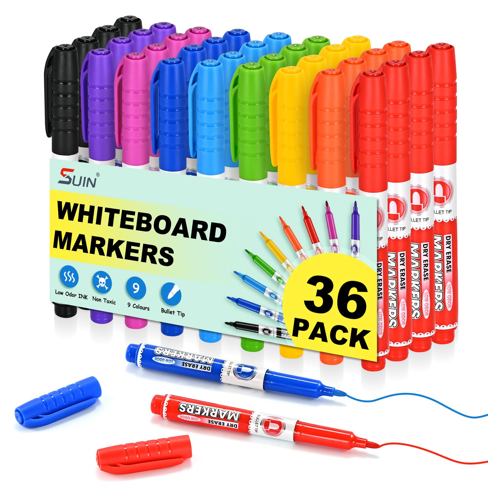 SUIN Whiteboard-Marker, 9 Farben, geruchsarm, Slimline, mittelfeine Spitze, für Zuhause, Arbeit, Schule, 36 Stück
