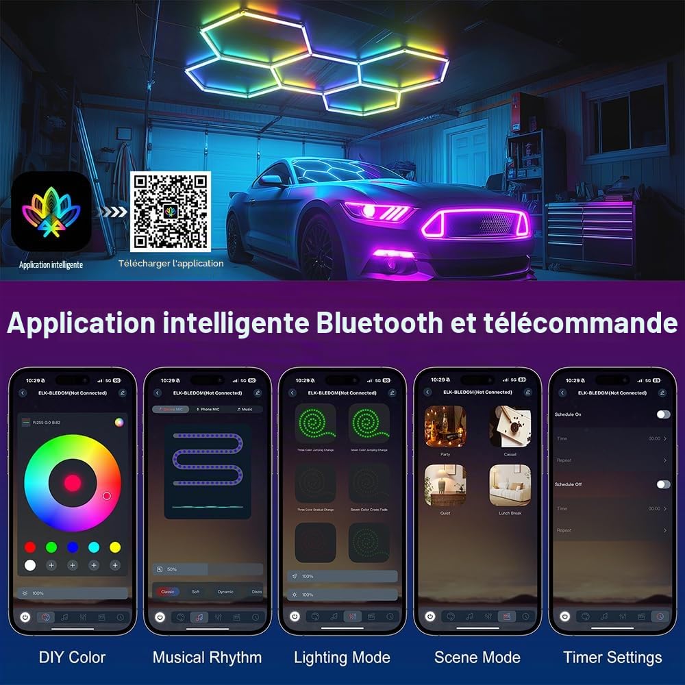 Luminaire LED hexagonal RGB pour garage | Plafonnier LED à 5 grilles pour garage, application connectée et télécommande, à monter soi-même