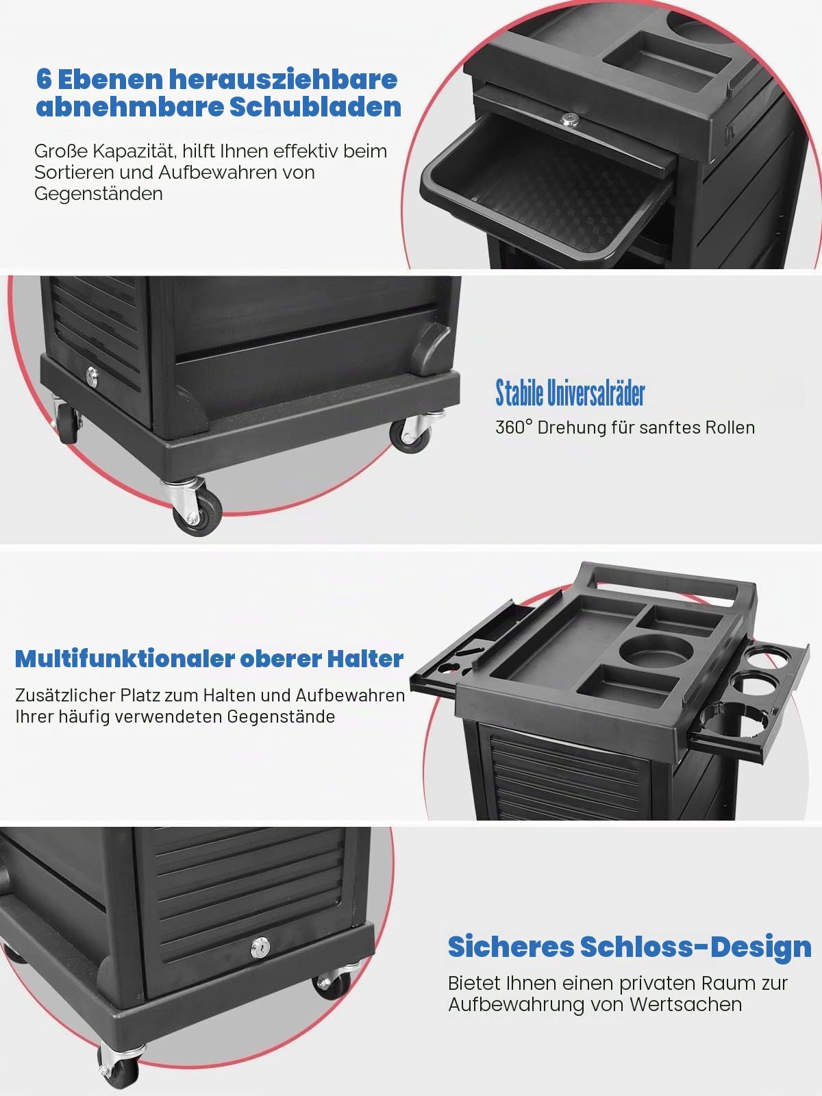 KOROKOM Salon Schönheit Rollwagen, 6 Stufen Haar Aufbewahrung Schrank Friseur Organizer Werkzeug Multi Schublade Rollwagen Freistehende Möbel mit 4 Universal Räder Friseursalon Zubehör (schwarz)