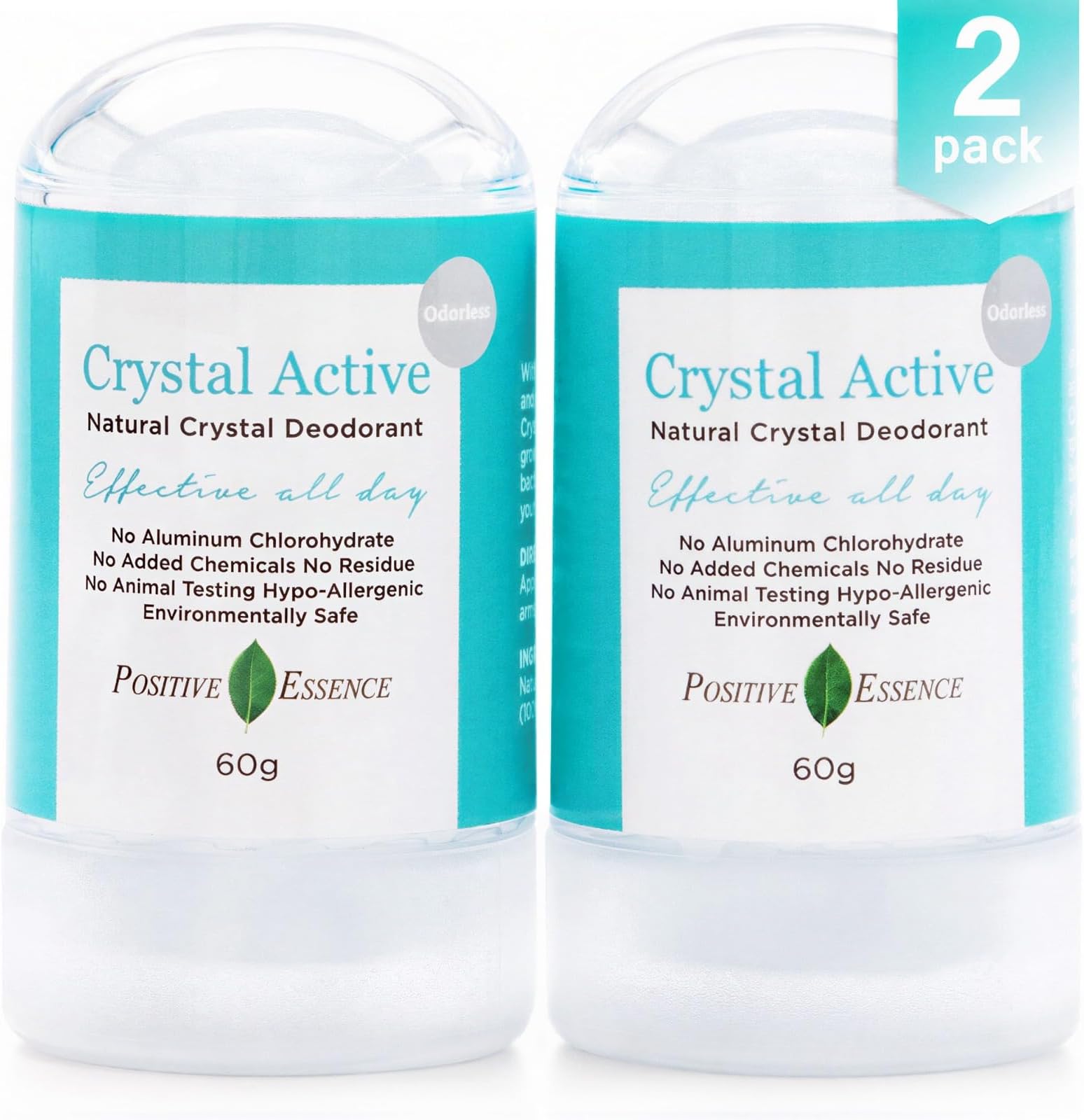 Crystal Deodorant Stone, Natural Mineral Alum Deodorant, Unscented, Single-Ingredient Formula, No Aluminium Chlorohydrate, Thai Crystal, for Men & Women, 60g (2 Pack)