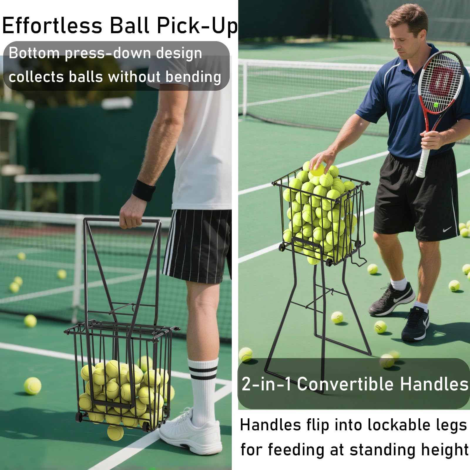 Panier de Tennis et Pickleball avec roulettes – Panier ramasse-balles, capacité de 75 balles de Tennis et 50 balles de Pickleball