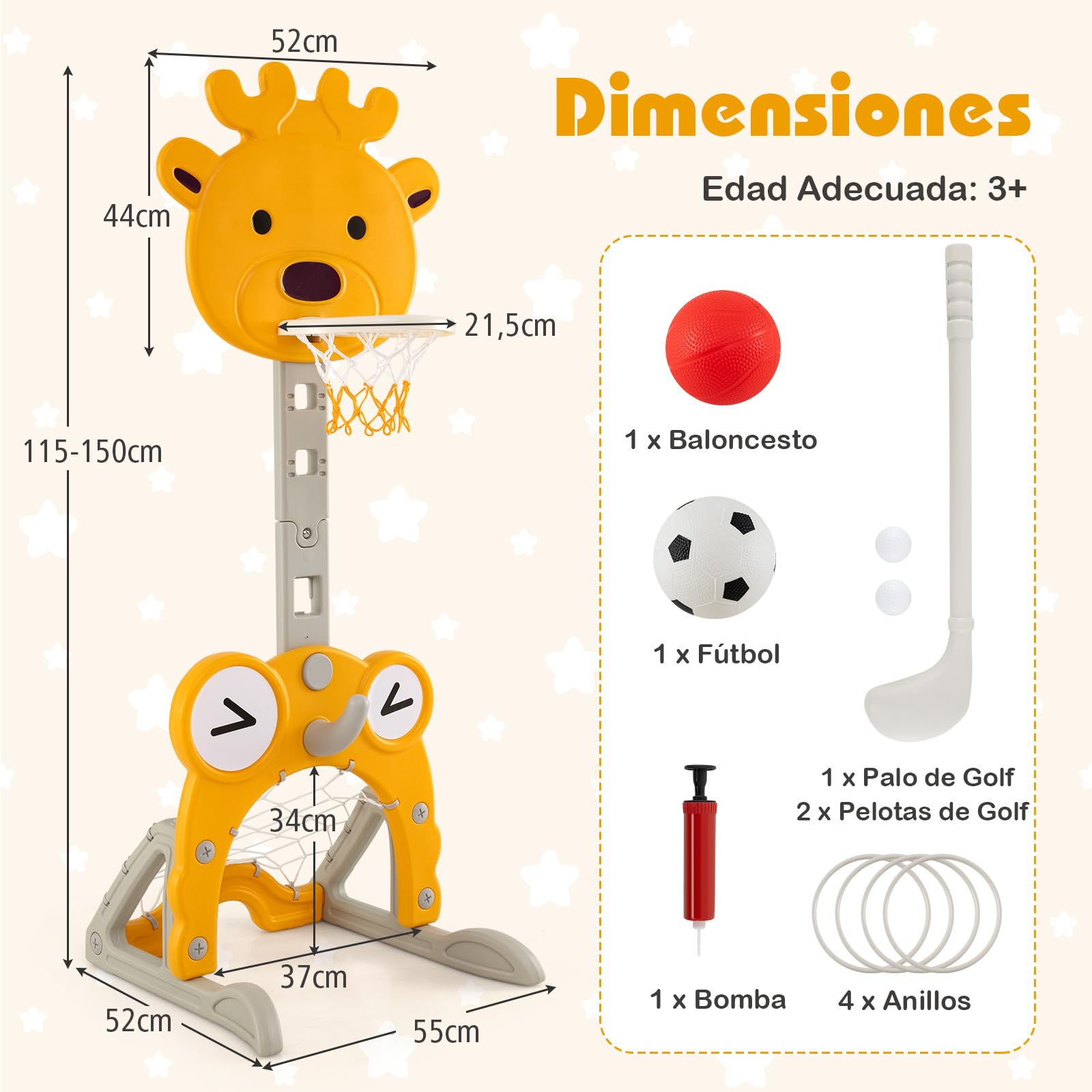COSTWAY Canasta de Baloncesto para Niños, 4 en 1 Centro de Actividades para Interiores y Exteriores con Aro, Portería de Fútbol, Juego de Anillas, Golf, 4 Altura Ajustable y Base Rellenable (Ciervo)