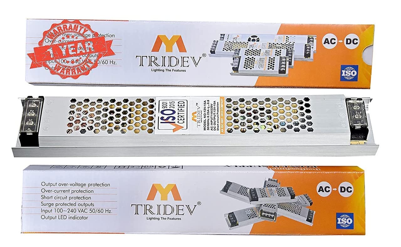 Ultra-Thin DC 12V 15A 180W Switching Power Supply Universal Regulated Transformer (AC 220V/240V to DC 12Volt 15Ampere 180Watts suitable for LED strips, car stereos, wireless routers.