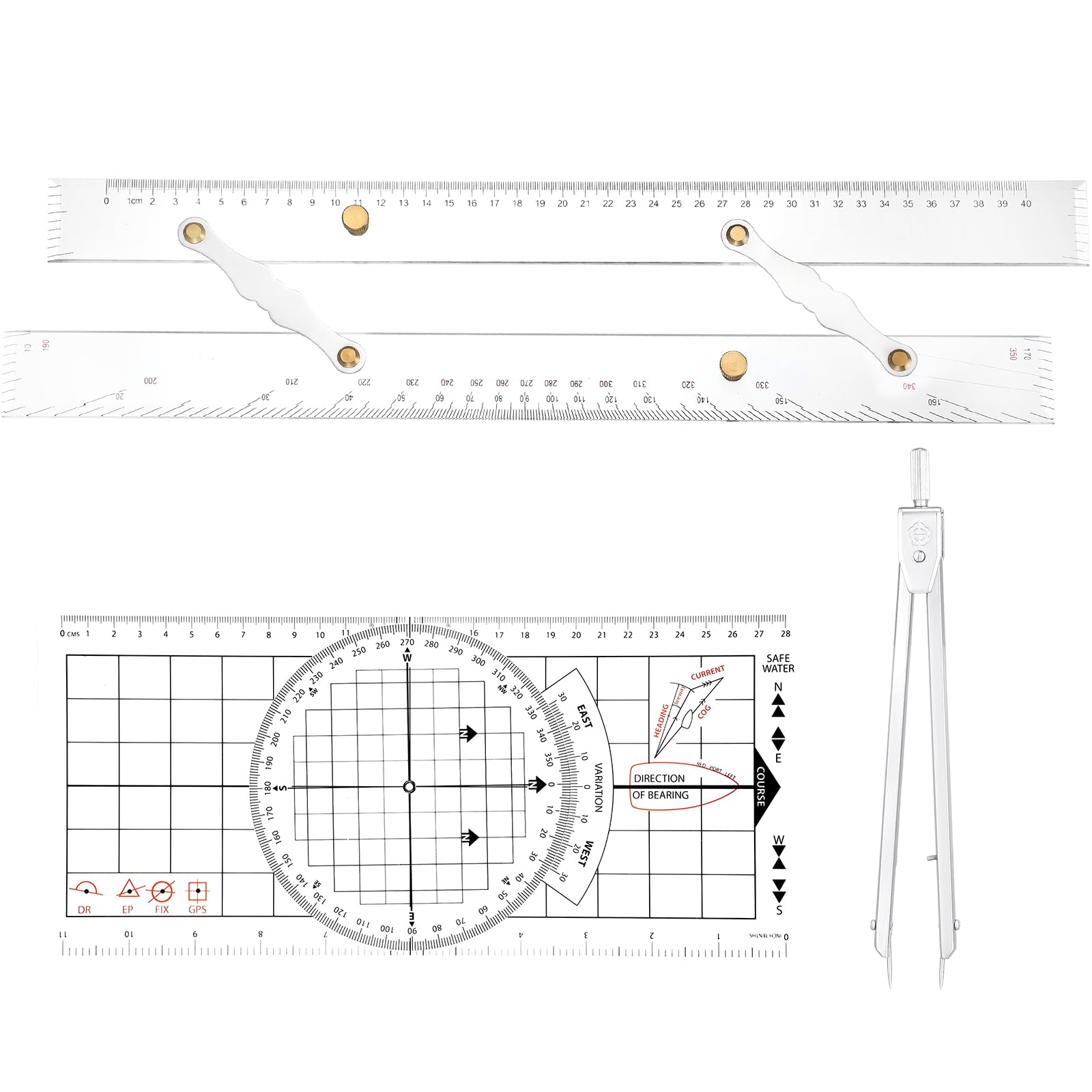 3 Pcs Basic Navigation Set, Include 16 Inch Marine Parallel Ruler with Clear Scales Navigation Divider Marine Nautical Protractor 6 Inch Marine Navigation Fixed Points Divider for Boat