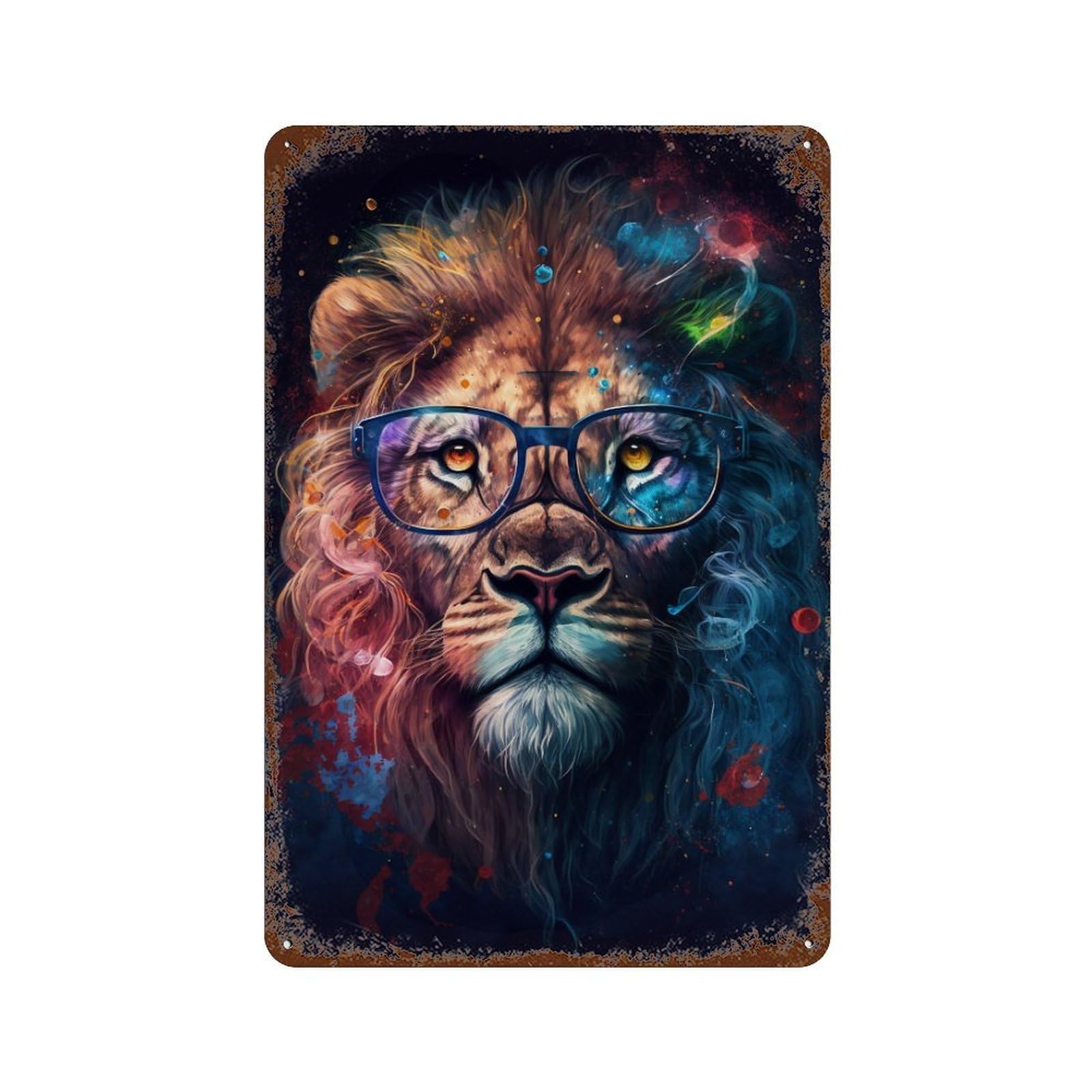 Colorful Lion Glasses Art Print -2 11.8"x7.9" Retro Metal Sign, Old School Wall Decor for Office, Studio And Wall Decor