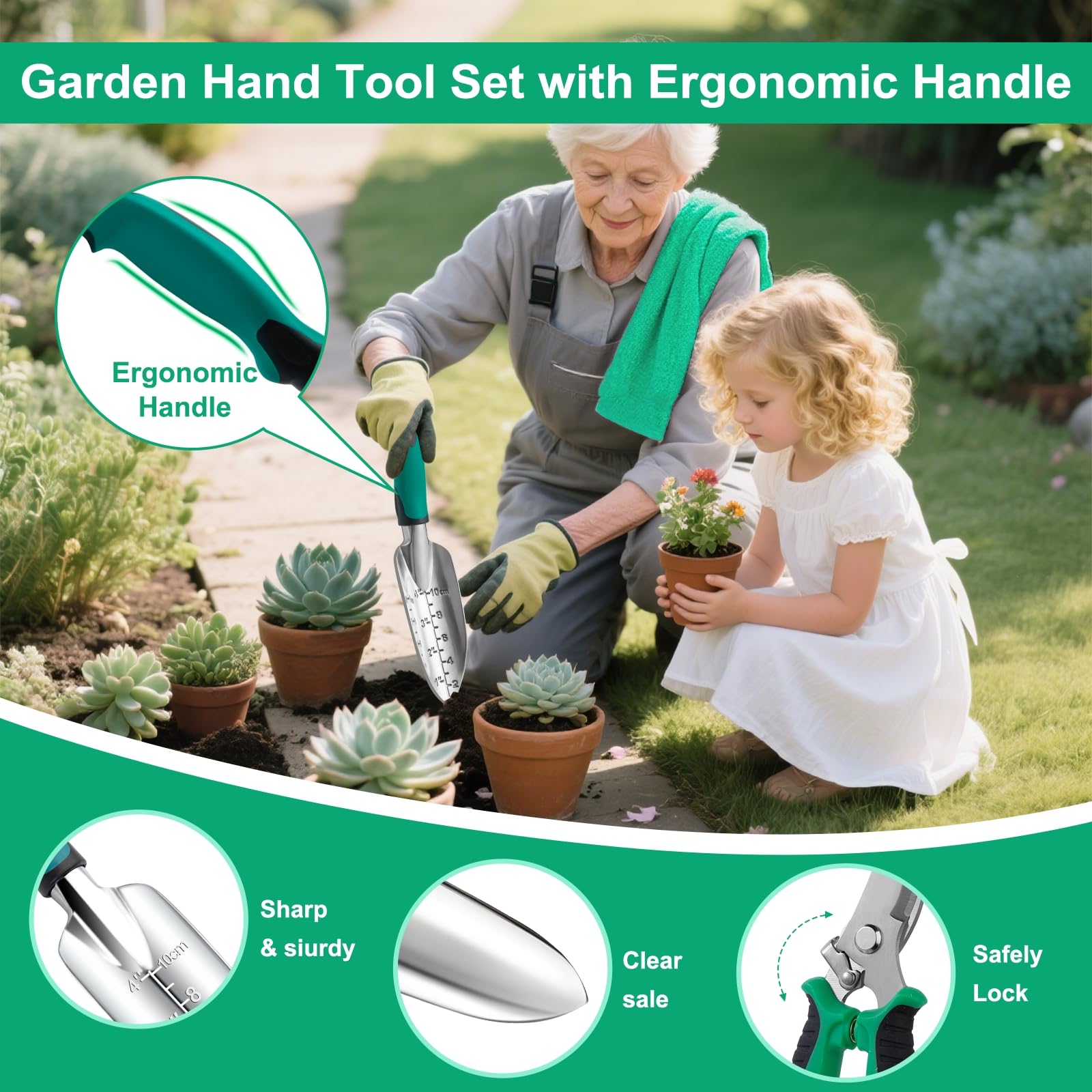 Juego de herramientas de jardinería, 12 piezas de herramientas de mano de jardín resistentes, regalos para mujeres adultas jardineras, juego de suministros de jardinería con bolsa organizadora de