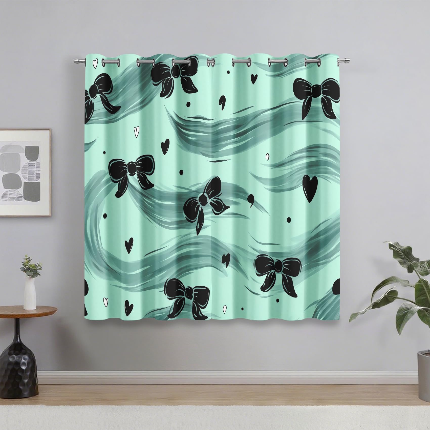 Black Bow Blackout Curtains for Bedroom Living Room, Girls Girly Teal Bowknot Curtains Eyelet 63 Drop Home Decor, Patterned Window Drapes, 52x63 Inch 2 Panels B-D95