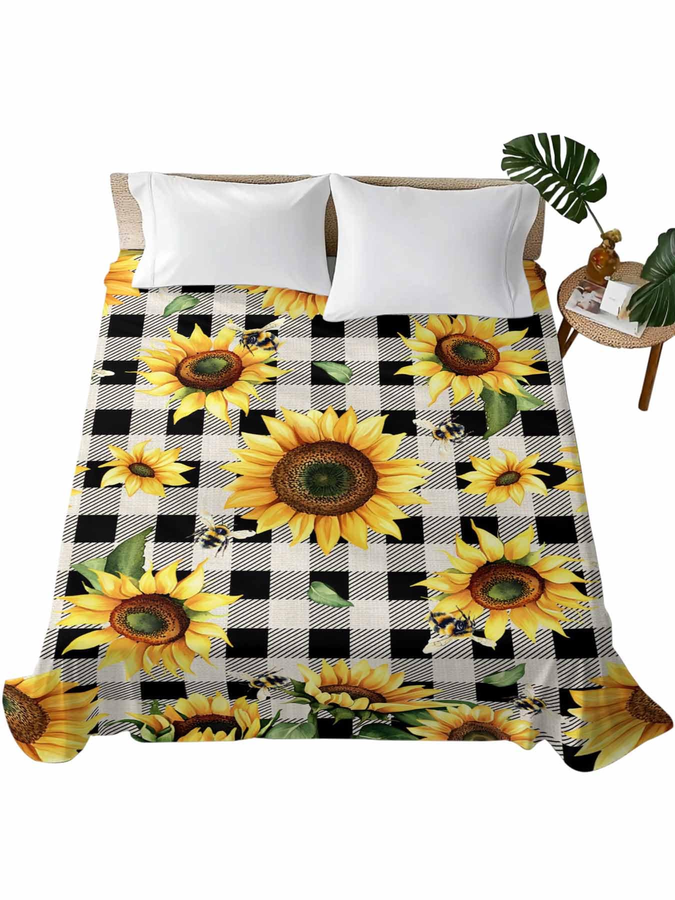 Twin XL Size Flat Sheet Only, Summer Sunflower Bee Spring Floral Watercolor Bed Top Sheet Soft Microfiber Breathable Bedding Flat Sheets, Black Buffalo Check Top Sheets Hotel Luxury