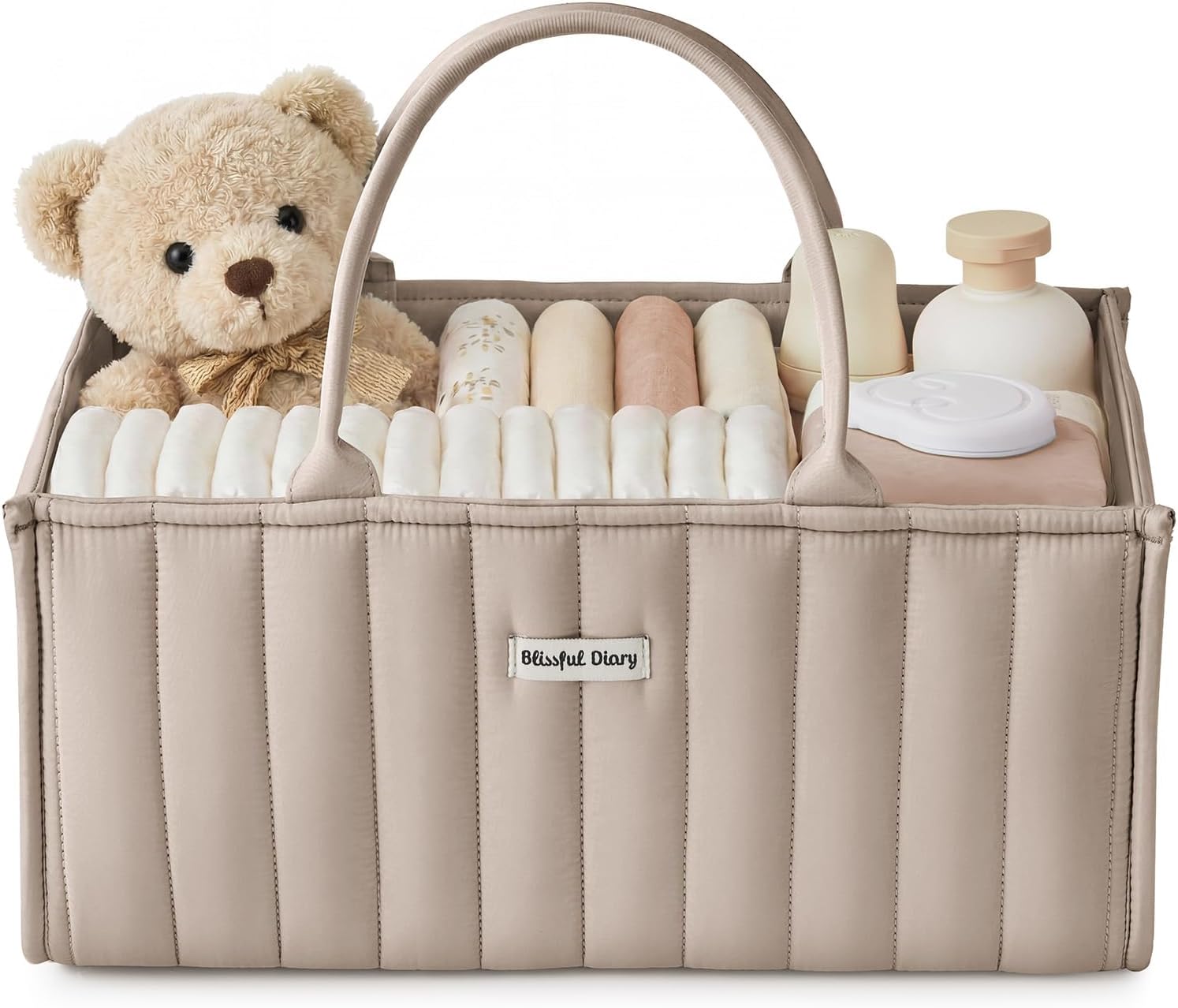 Blissful Diary Baby Diaper Caddy Organizer, Stylish Storage Basket for Newborn Essentials and Diaper Station, Gift for Baby Shower and Registry Must-Have, Sand
