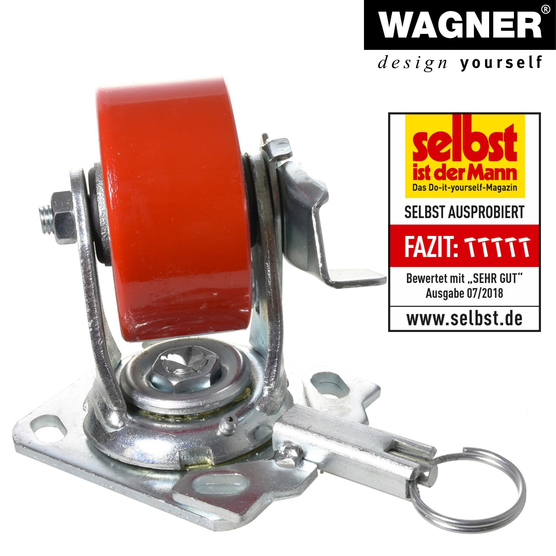 WAGNER Profi Schwerlastrolle - DIRECTION LOCK 3in1 - Lenkrolle & Bockrolle, Gusseisen- silber/rot, Softlauffläche, 2 Einspritzdüsen, Feststeller, Ø 150 mm, Höhe 155 mm, Tragkraft 400 kg - 04011501 | Tragkraft 400 kg, Rad-Ø x Breite 152 x 50 mm