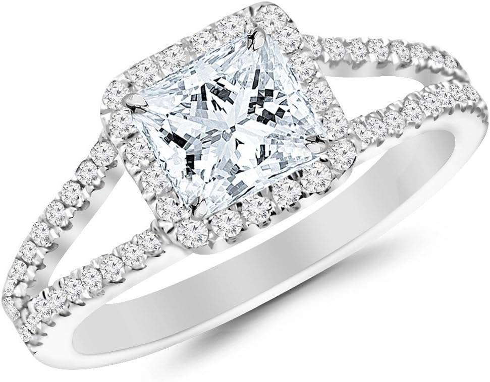 Houston Diamond District 2.36 Carat t.w. Princess Shape/Center Silver Halo Style Double Row Pave Split Shank CZ Engagement Ring Sterling Silver