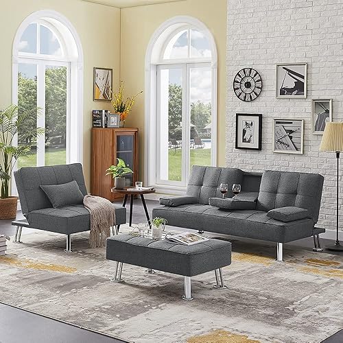 ODC Cama futón de tela 3 en 1 con sofá plegable otomano convertible para sala de estar sofá modular para espacios pequeños con 2 portavasos y
