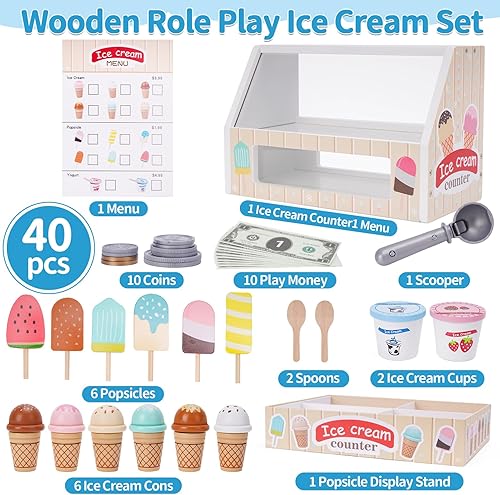 Miniatura 2 de Juego de madera para contador de helado para niños, juguetes de cocina para niñas pequeñas, juegos de juegos de simulación, regalos para niñas o