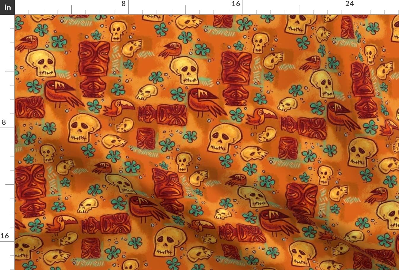 Spoonflower Fabric - Tiki Retro Hawaiian Polynesian Rust Orange Red Skull Floral Vintage Printed on Upholstery Velvet Fabric Fat Quarter - Upholstery Home Decor Bottomweight Apparel