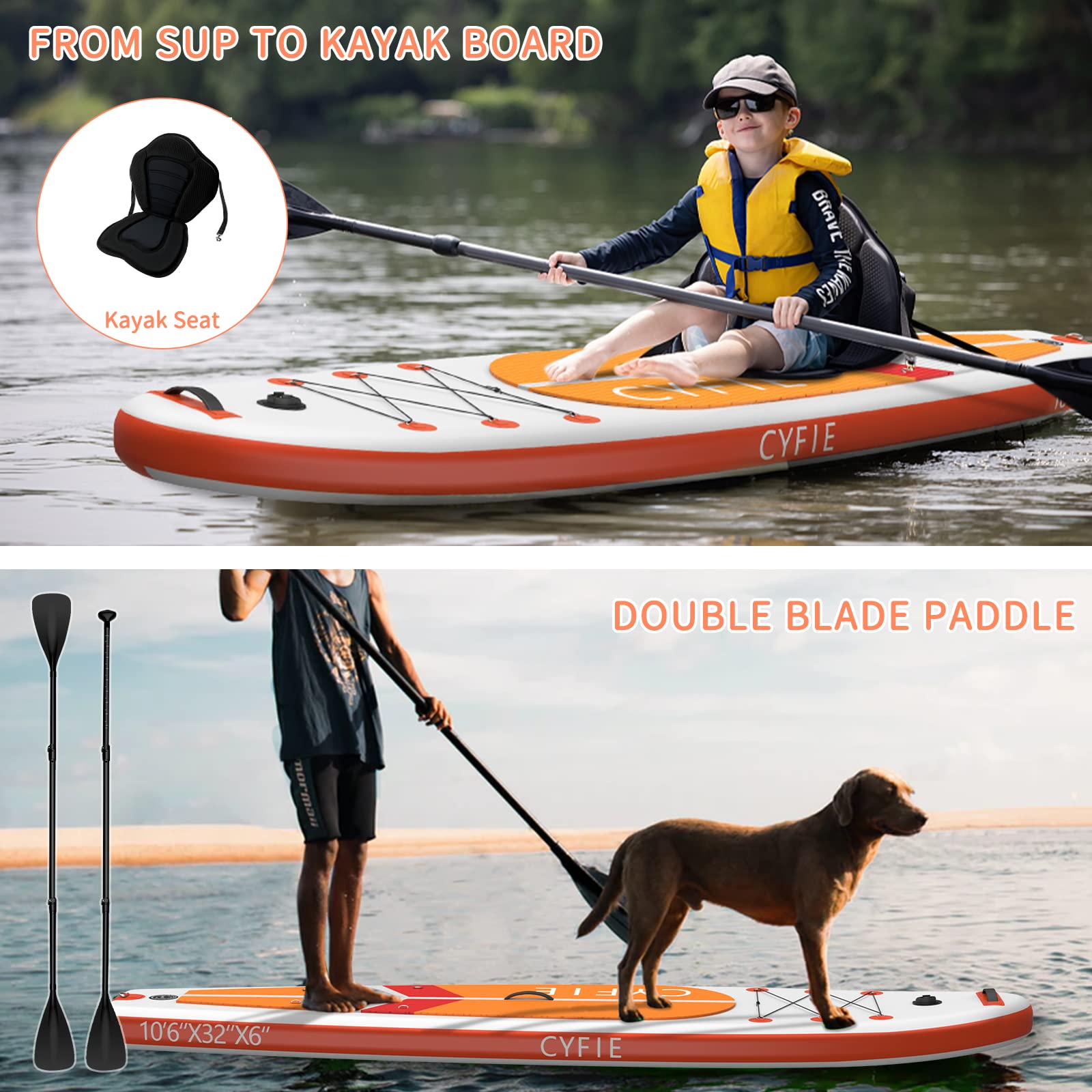 CYFIE Tabla de surf de remo de pie, accesorios completos, tabla de SUP inflable con asiento de kayak y remo de doble uso, tabla de paddle surf para adultos, remo de pie de 320 cm, capacidad de carga