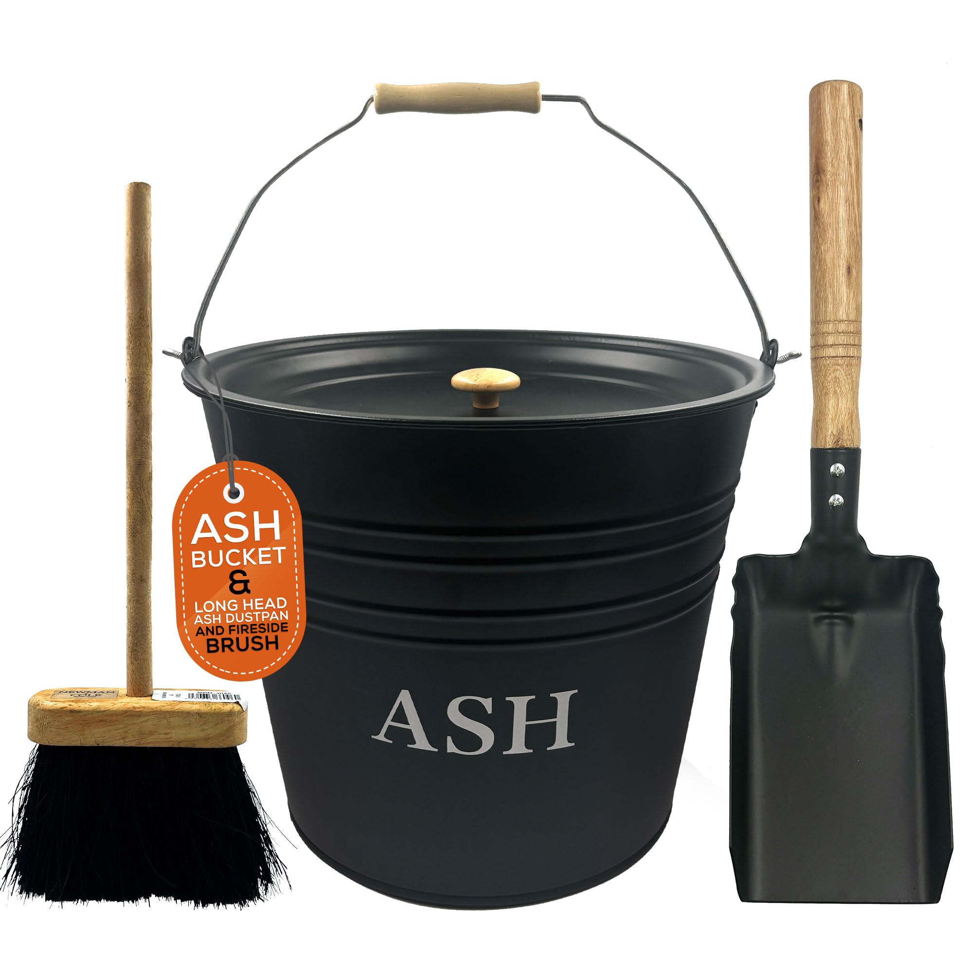 Cottagewright Ash Bucket with Lid and Dustpan and Brush - Essential Log Burner Accessories Coal Bucket for Safe Ash Storage & Fireplace Maintenance Durable Metal Construction