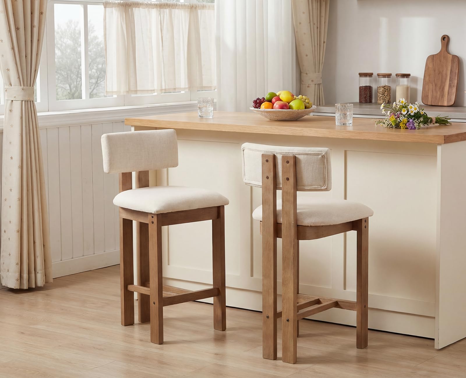 chairus Juego de 2 Taburetes de Bar de Madera con Asiento de Lino, Beige | Patas de Madera, Respaldo Curvo, Cojín Grueso, Sin Brazos Para Isla de Cocina