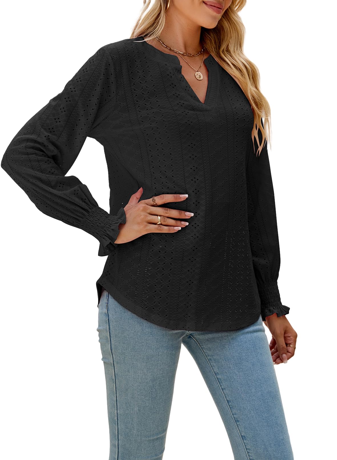 Women's Puff Long Sleeve T-Shirts Dressy Casual Work Shirt Lace V Neck Tunic Tops Loose Fit Trendy Blouses