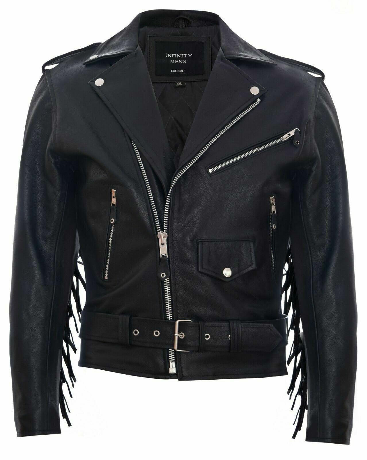 Mens Black FRINGE Leather Biker Jacket Brando TASSELED Motorcycle Retro Cow Hide