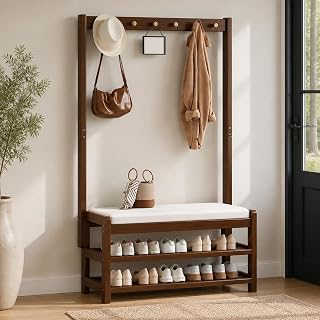 Entryway Hall Tree with Shoe Storage Bench, Coat and Hat Rack, Multi-Tier Shoe Organizer and Small Storage Cabinet for Hallway or Apartment Entryway
