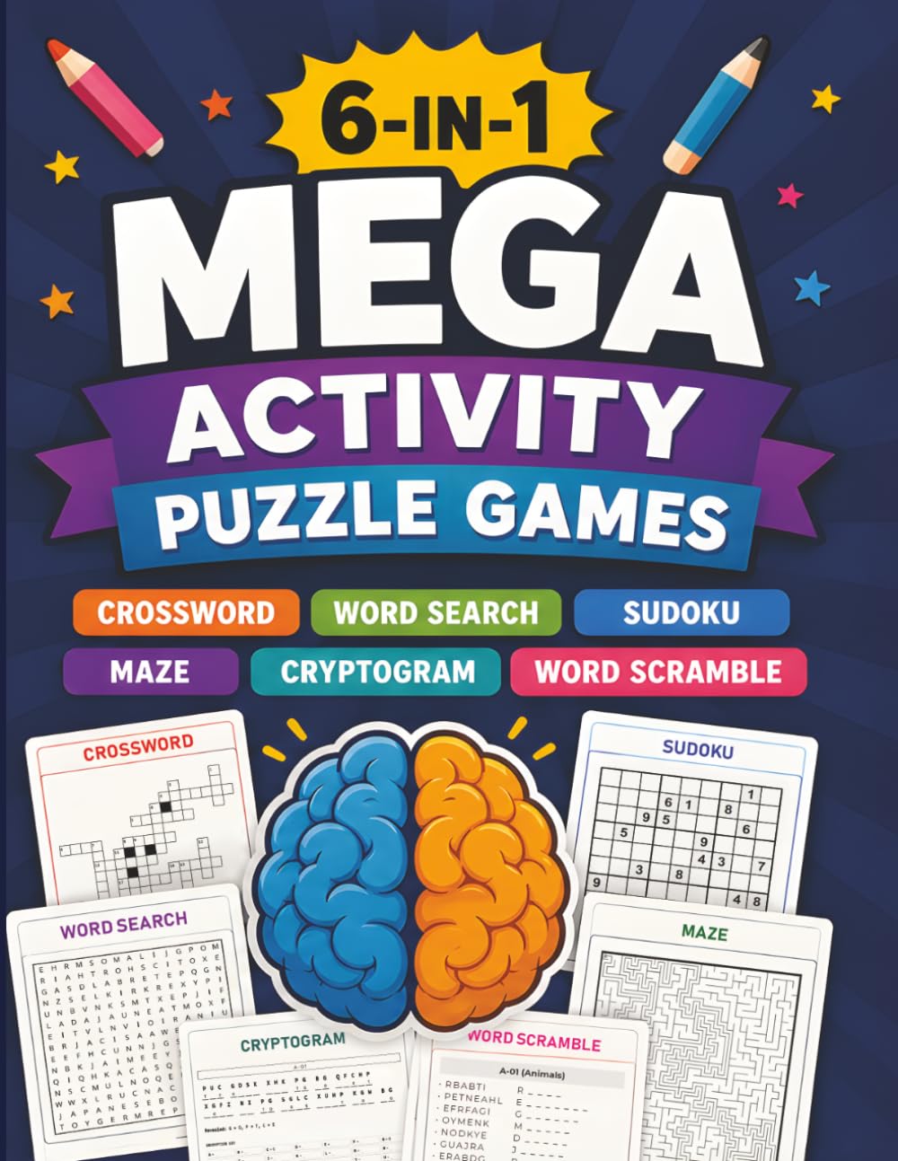 6-IN-1 MEGA Activity Puzzle Games: CROSSWORD + WORD SEARCH + SUDOKU + MAZE + CRYPTOGRAM + WORD SCRAMBLE