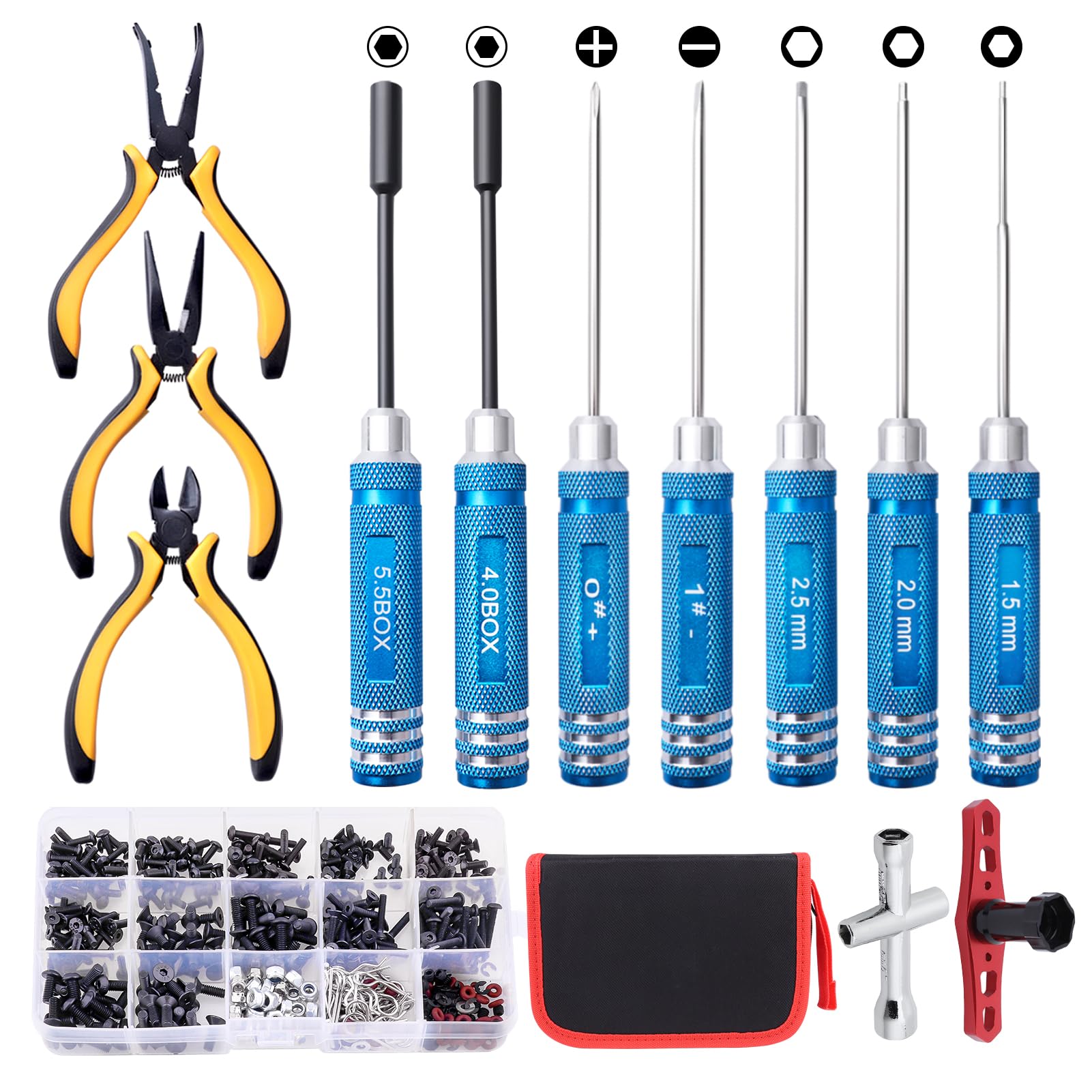 FriHobby RC Car Tool Kit - Screwdriver Set (Flat/Phillips/Hex/Nut), Screws Kit, Pliers, Wrench, Repair Tools for 1/8 1/10 RC Cars, Compatible with