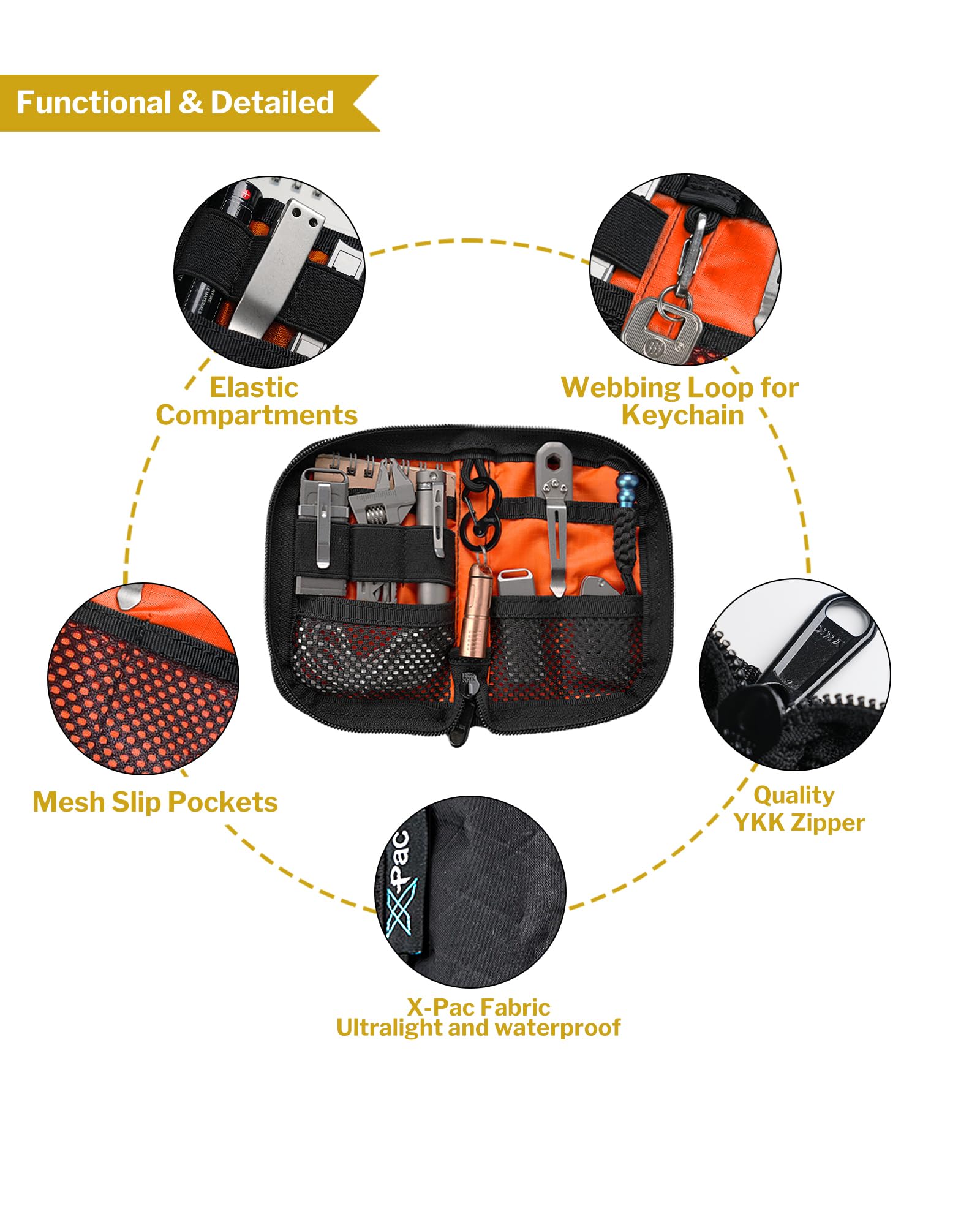 VIPERADE VE10 Pochette EDC de Poche Petite Pochette à Outils avec 10 Compartiments, Organiseur de Poche pour Homme pour Multi-outils, Organiseur EDC avec Zone de Patchs pour DIY (X-pac Noir)