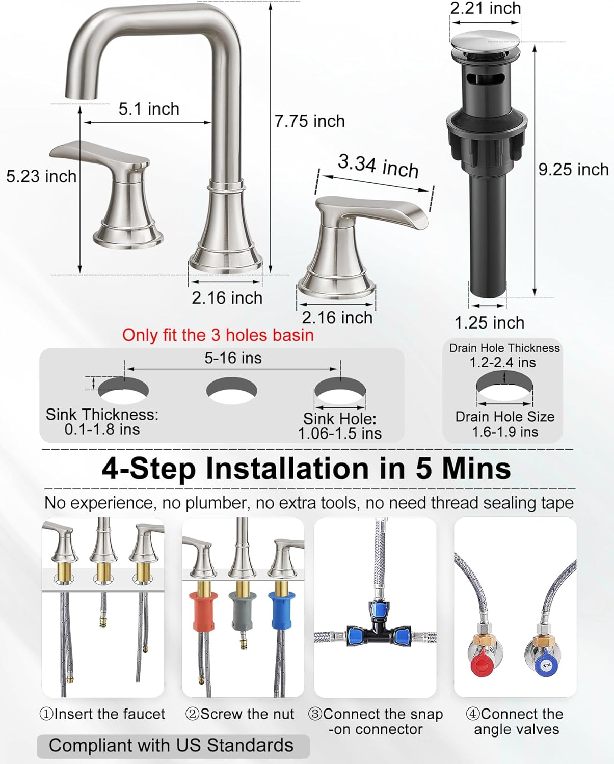 Brushed Nickel 3 Hole Bathroom Faucet Widespread, 360 Degree Swivel Vanity Faucet 8 Inch, 2 Handles for Bathroom Sink with Water Supply Hose & Pop-Up Drain, Lead-Free, 5 Mins Installation