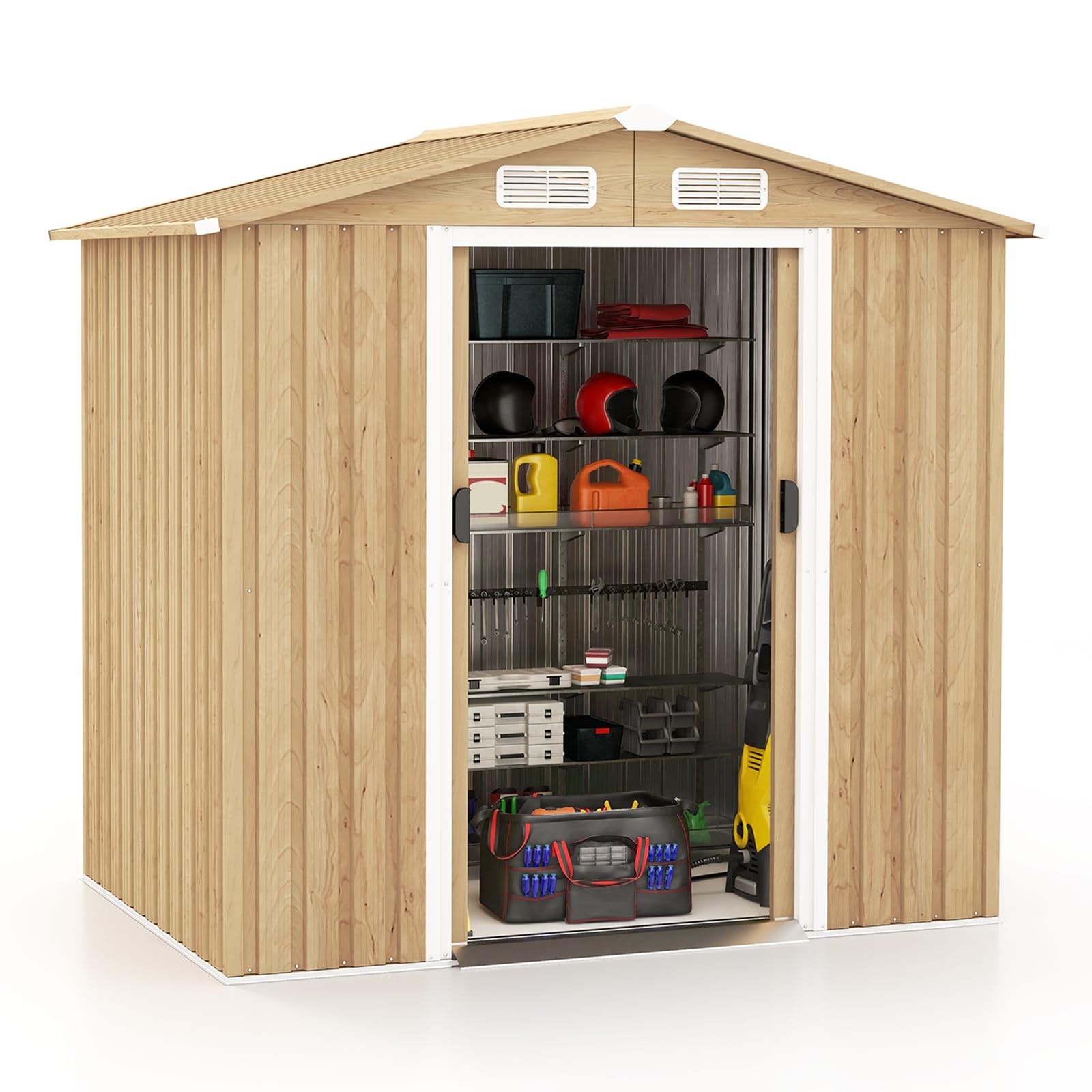 COSTWAY Caseta Jardin Exterior, 2.34 ㎡, 196x129x186 cm, Cobertizo Jardin Exterior Metálico, 4 Ventilaciones, Puertas correderas, Techo a Dos Aguas Inclinado y Guantes, Garden Shed sin Base, Natural