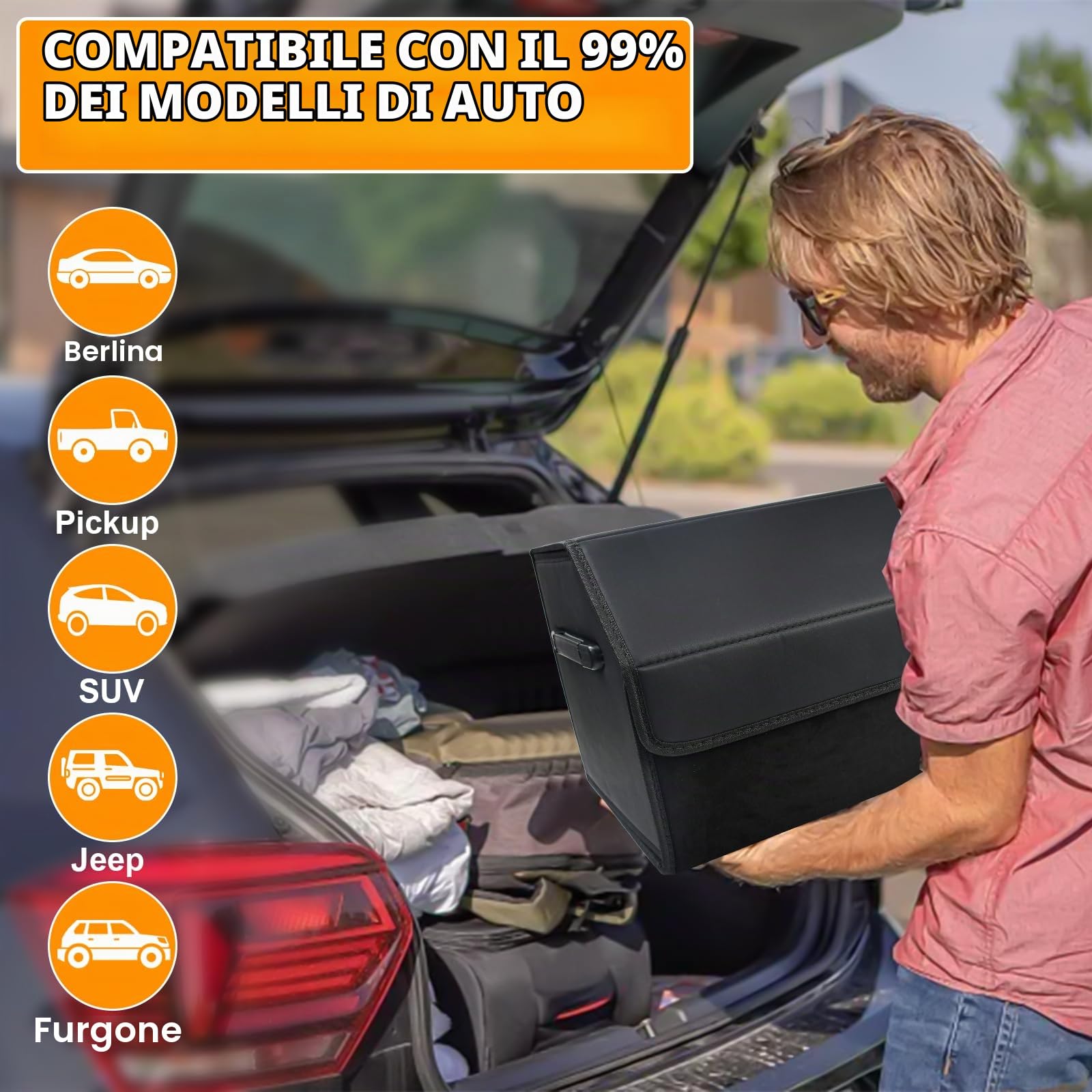 Organizer Bagagliaio Auto Pieghevole Borsa per Bagagliaio per Auto PU Contenitore per il Bagagliaio dell’Auto con Copertura Magnetica per Camper SUV Camion