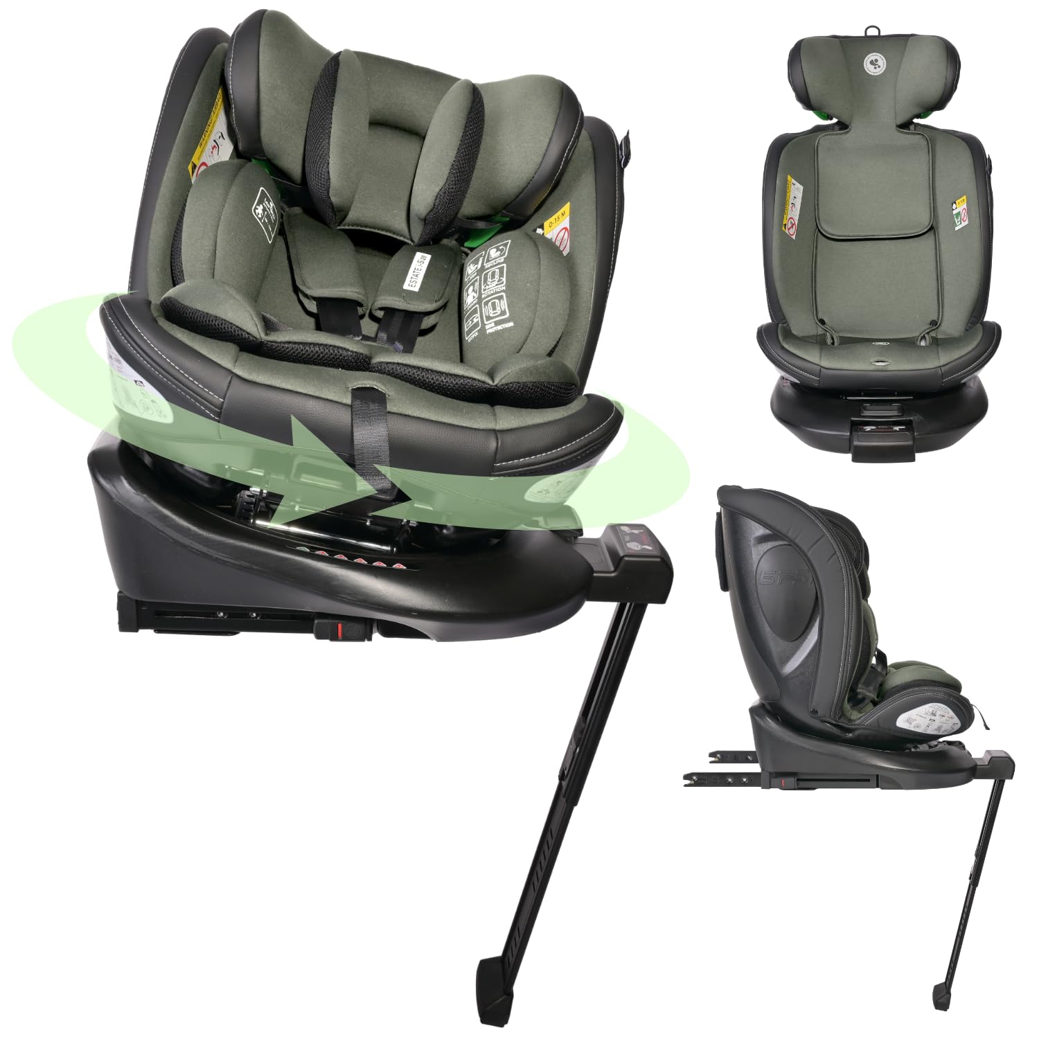 Lorelli Auto Kindersitz Estate mit Isofix Basis und Stützbein, 360 Grad drehbar, 0-36kg Mitwachsender Autositz i-Size 40-150cm, Babysitz ab Geburt, 5-Punkt-Gurt, Einstellbare Kopfstütze, grün