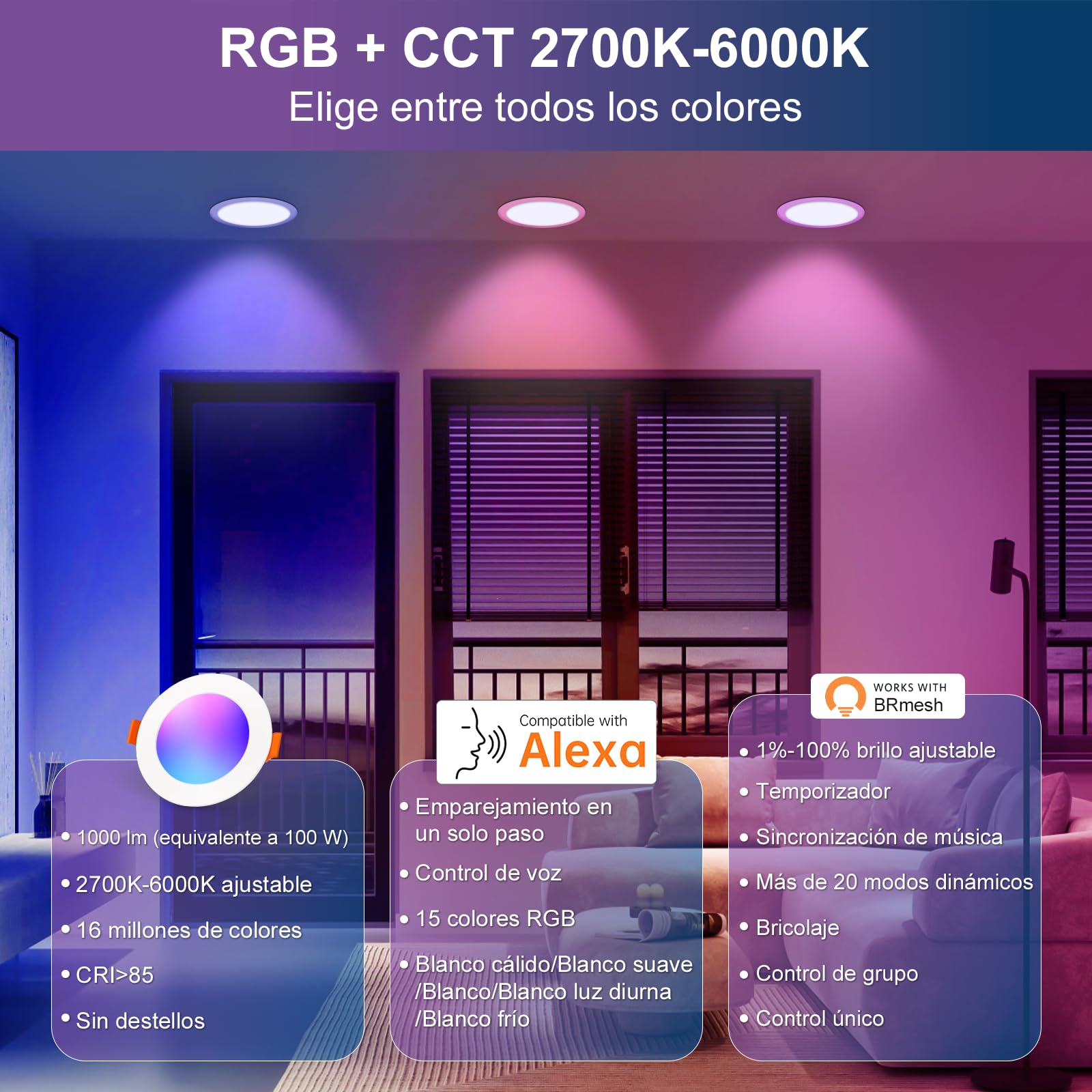 Downlight LED Techo Empotrable RGB & Blanco Frío a Cálido 2700K-6000K