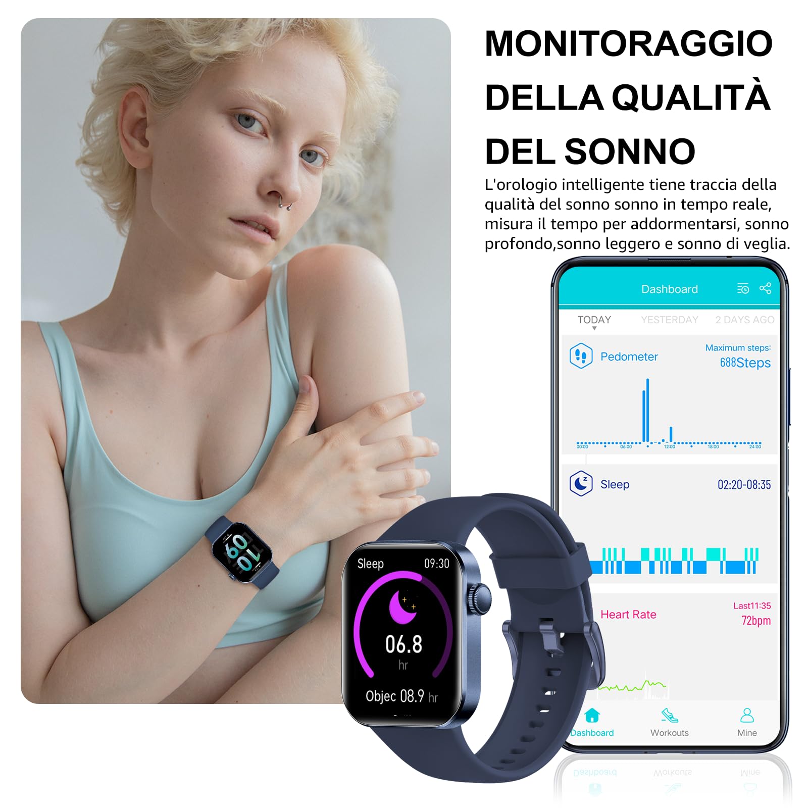 Smartwatch Uomo Donna, 1.85" Orologio Smartwatch con Effettua/Risposta Chiamate, 140 Sportive Smart Watch con Contapassi/Sonno/Cardiofrequenzimetro/SpO2, Impermeabil IP68 Smartband per Android iOS